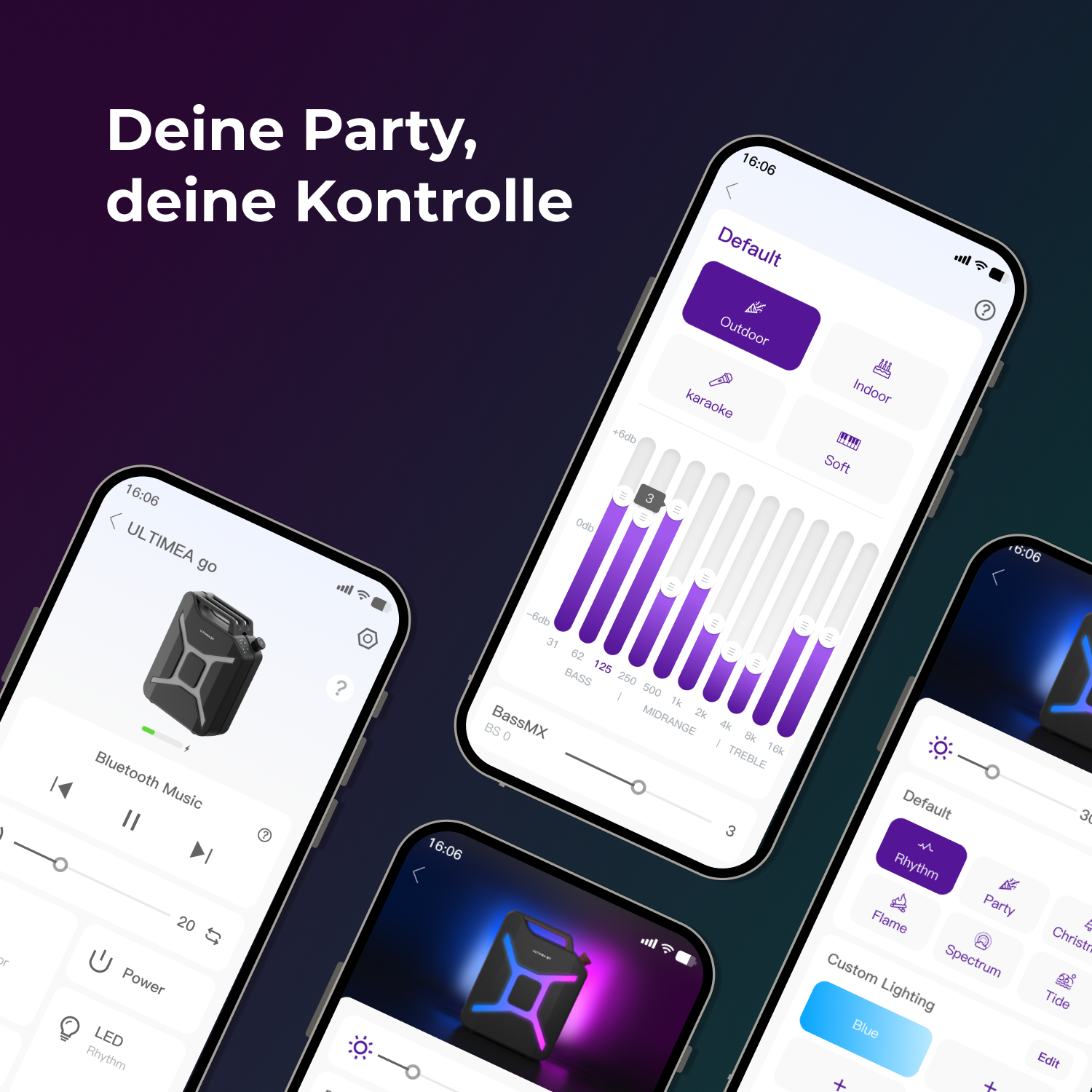Plusieurs smartphones affichant des interfaces de contrôle musical, dont égaliseur et réglages d'éclairage, sur fond sombre dégradé.