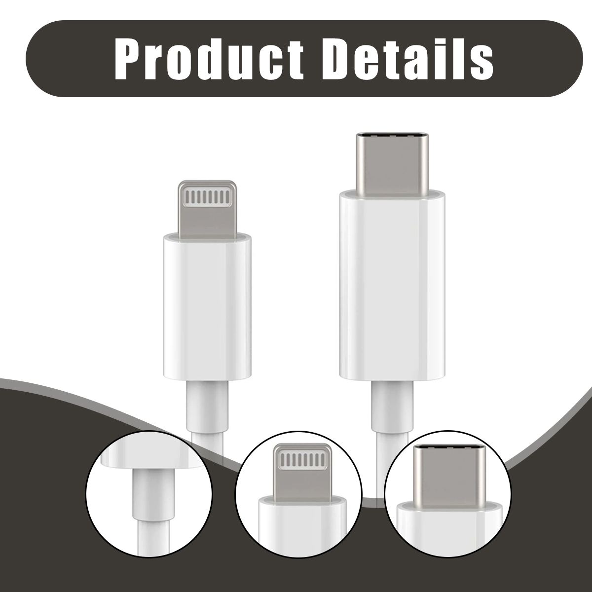 Das Bild zeigt zwei weiße Ladekabel. Eines mit Lightning-Anschluss, das andere mit USB-C. Details befinden sich in kreisförmigen Einsätzen unten.