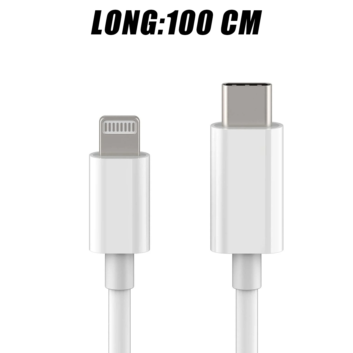 Zwei weiße Ladekabel, eines mit Lightning-Anschluss und eines mit USB-C-Anschluss. Der Text oben lautet: LONG:100 CM.
