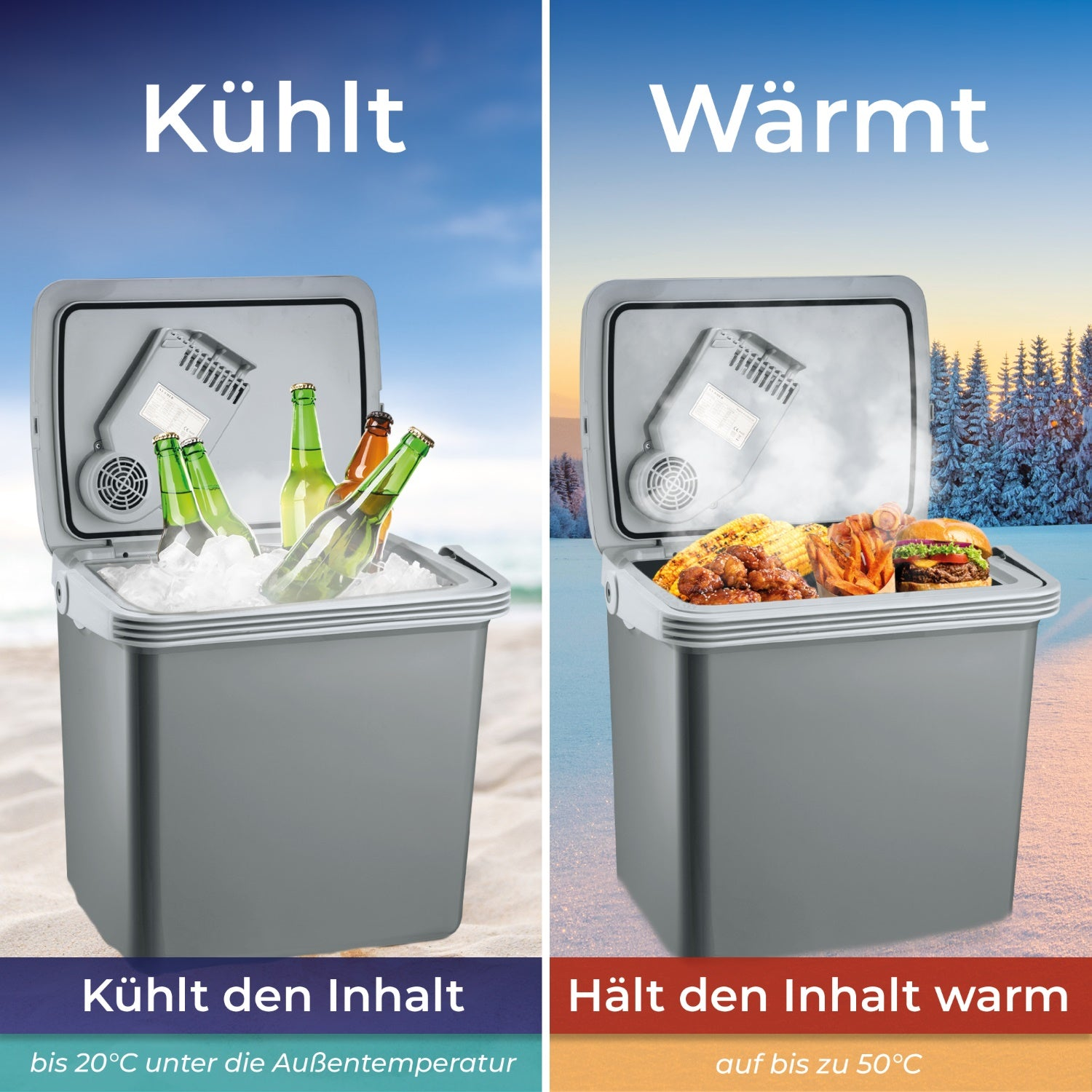 Das Bild zeigt eine Kühlbox mit Getränken und eine Wärmebox mit Essen. Text sagt 'kühlt' und 'wärmt'. Hintergründe: Strand und verschneiter Wald.