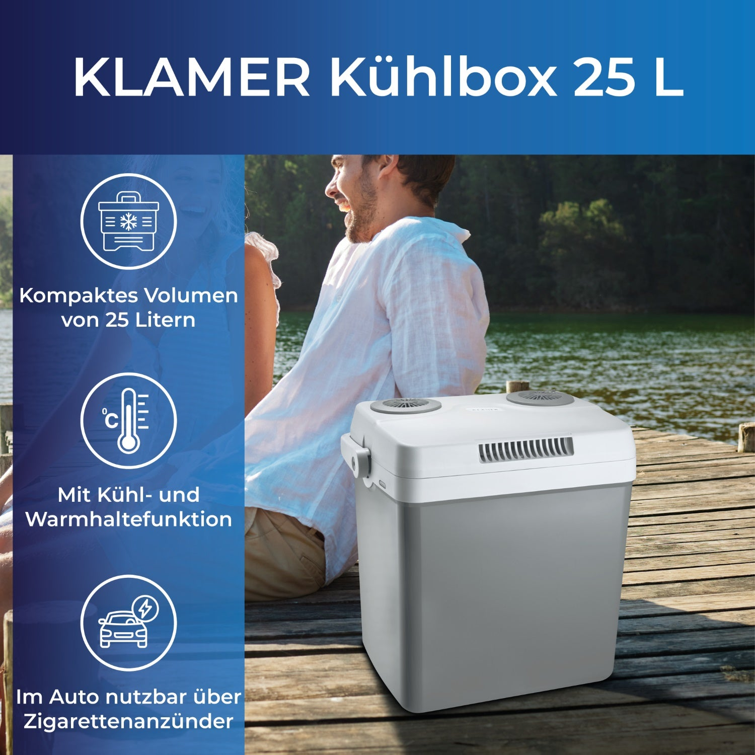 Ein Mann und eine Frau stehen auf einem Holzsteg neben einer grau-weißen Kühlbox. Auf der Box steht 'Kühlbox 25 L'.