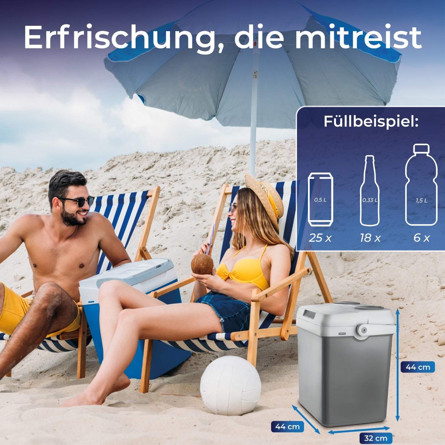 Eine Strandszene mit zwei Personen in Stühlen, einer Kühlbox und einem Volleyball. Text sagt 'Erfrischung, die mitreist' und 'Füllbeispiel'.