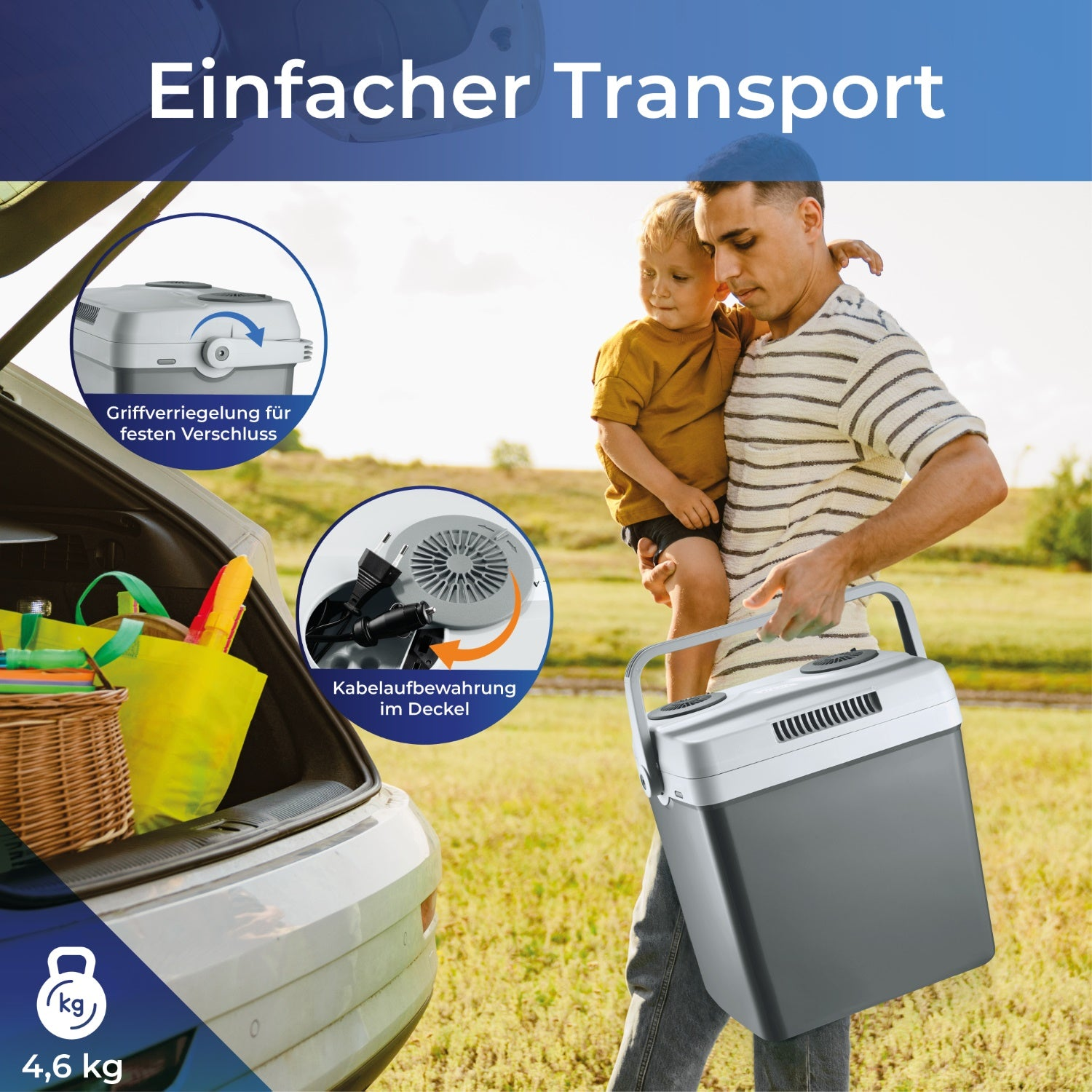 Ein Mann hält ein Kind und eine Kühlbox. Der Kofferraum ist offen mit Taschen. Das Bild wirbt für den einfachen Transport der Kühlbox.