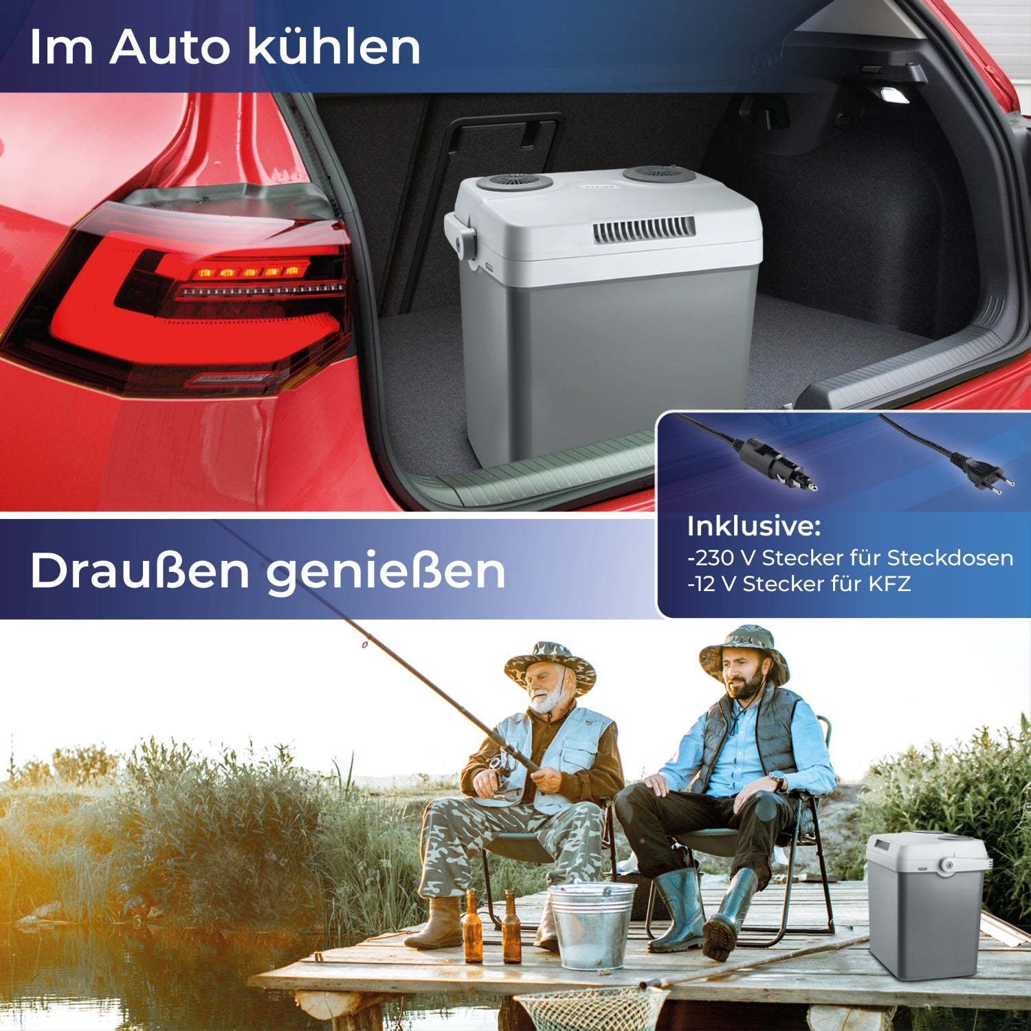 Zwei Männer angeln am See, ein Kühler im Kofferraum und ein Kühler auf dem Holzsteg. Die Szene deutet auf Kühlung im Auto oder im Freien hin.