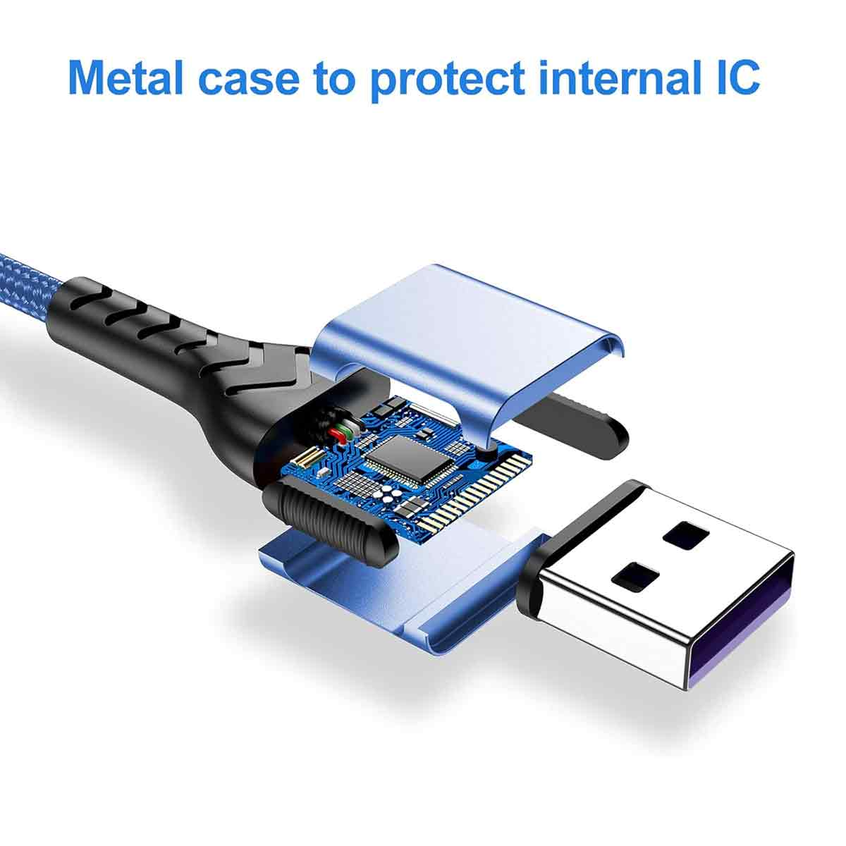 Blaues USB-Kabel mit Metallgehäuse, das den internen IC schützt. Ein zerlegter USB-Anschluss zeigt die Platine.
