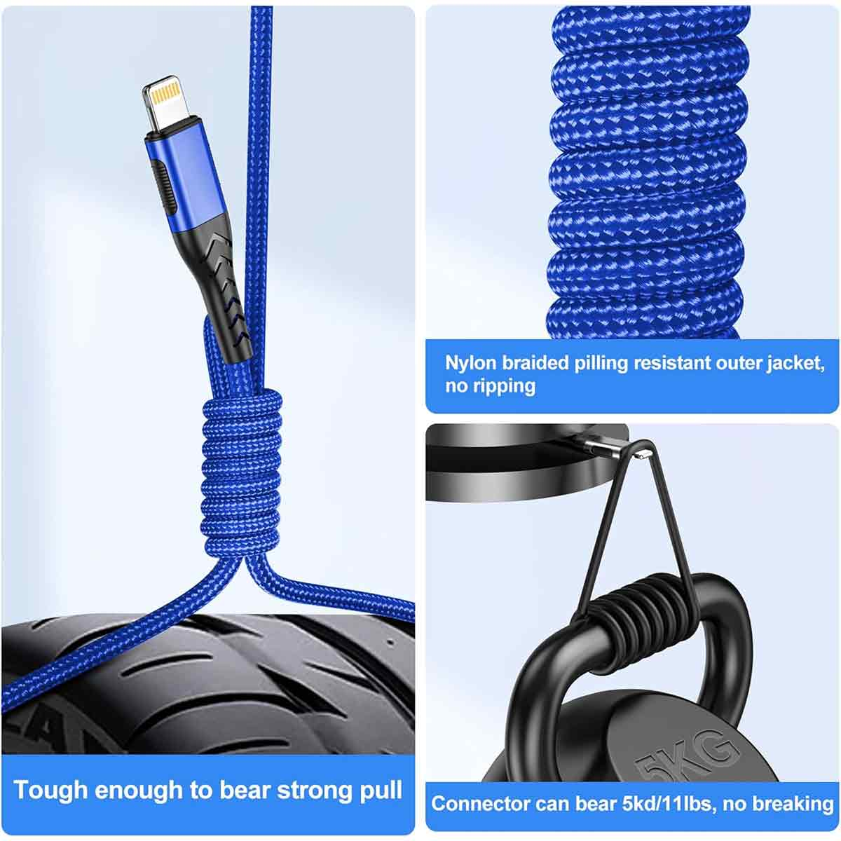 Blau geflochtenes Ladekabel mit Stecker. Das Kabel ist stark und haltbar und hält einem Gewicht von 5 kg stand. Das Kabel ist außerdem pillingresistent.