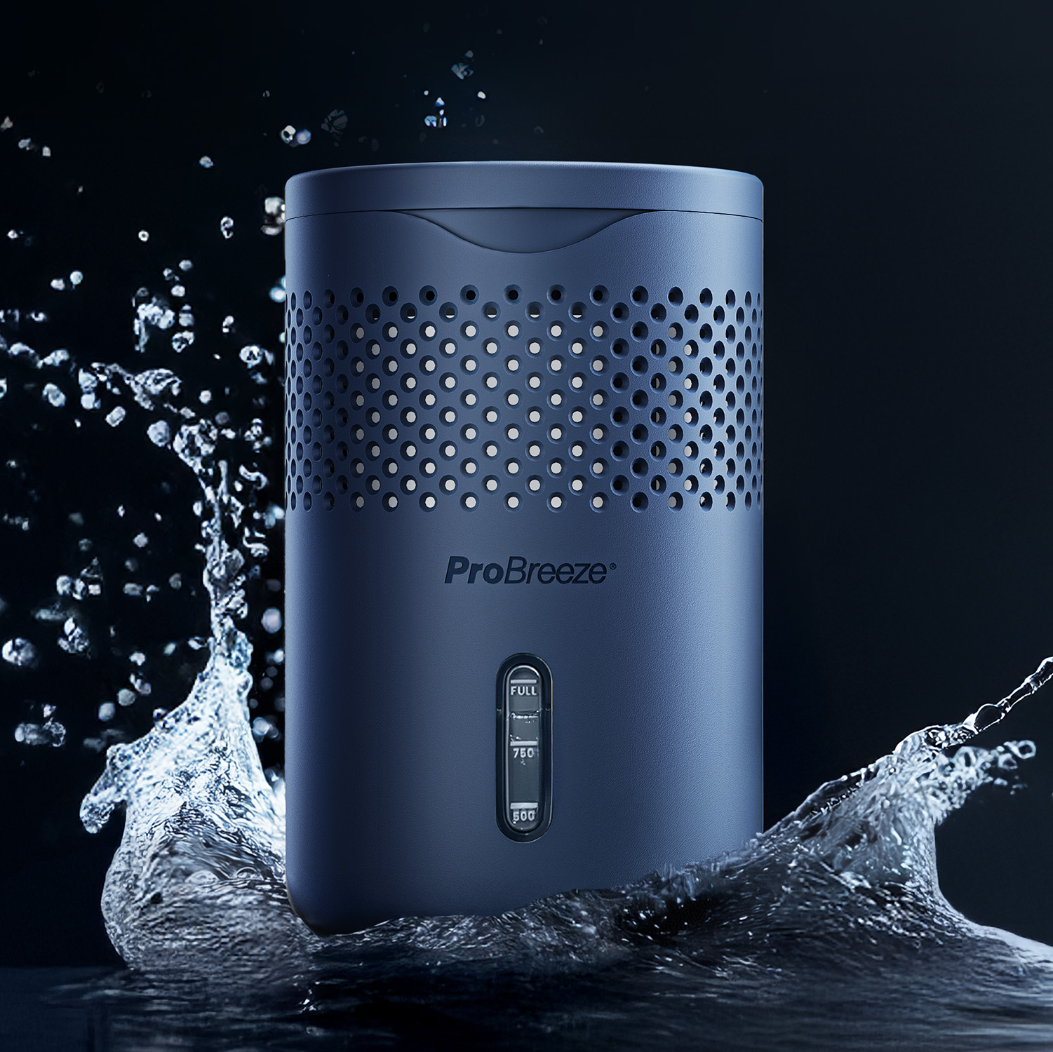 Ein dunkelblauer ProBreeze-Luftreiniger mit Wasserspritzern. Der Wasserstand ist auf der Vorderseite angegeben.