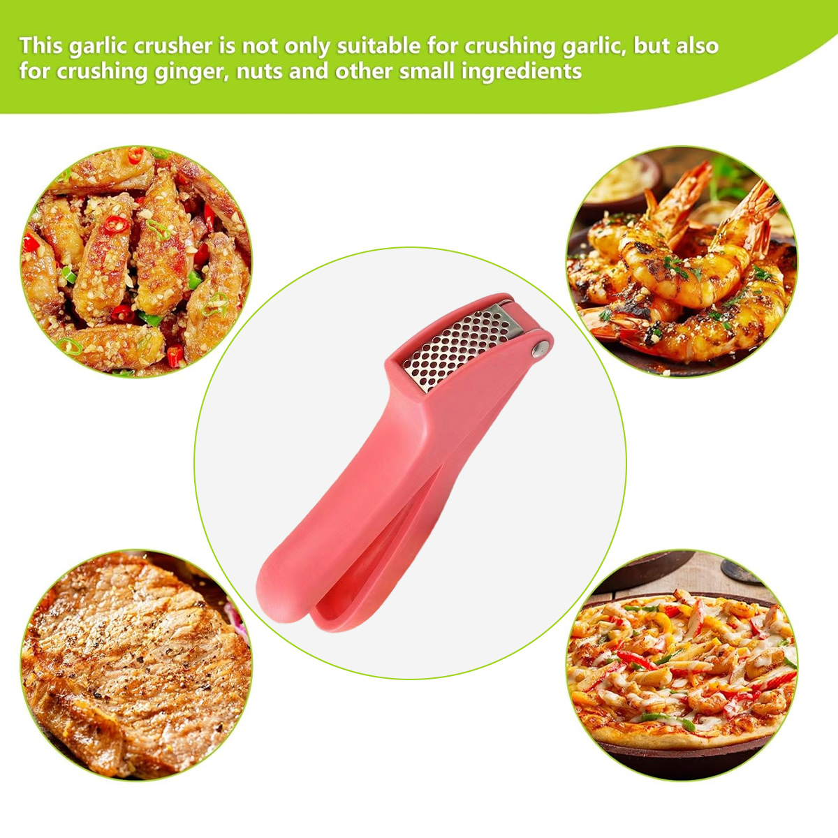 In der Mitte befindet sich ein rosa Knoblauchzerkleinerer, umgeben von Kreisen mit Essensbildern wie Pizza, Garnelen und Fleisch.