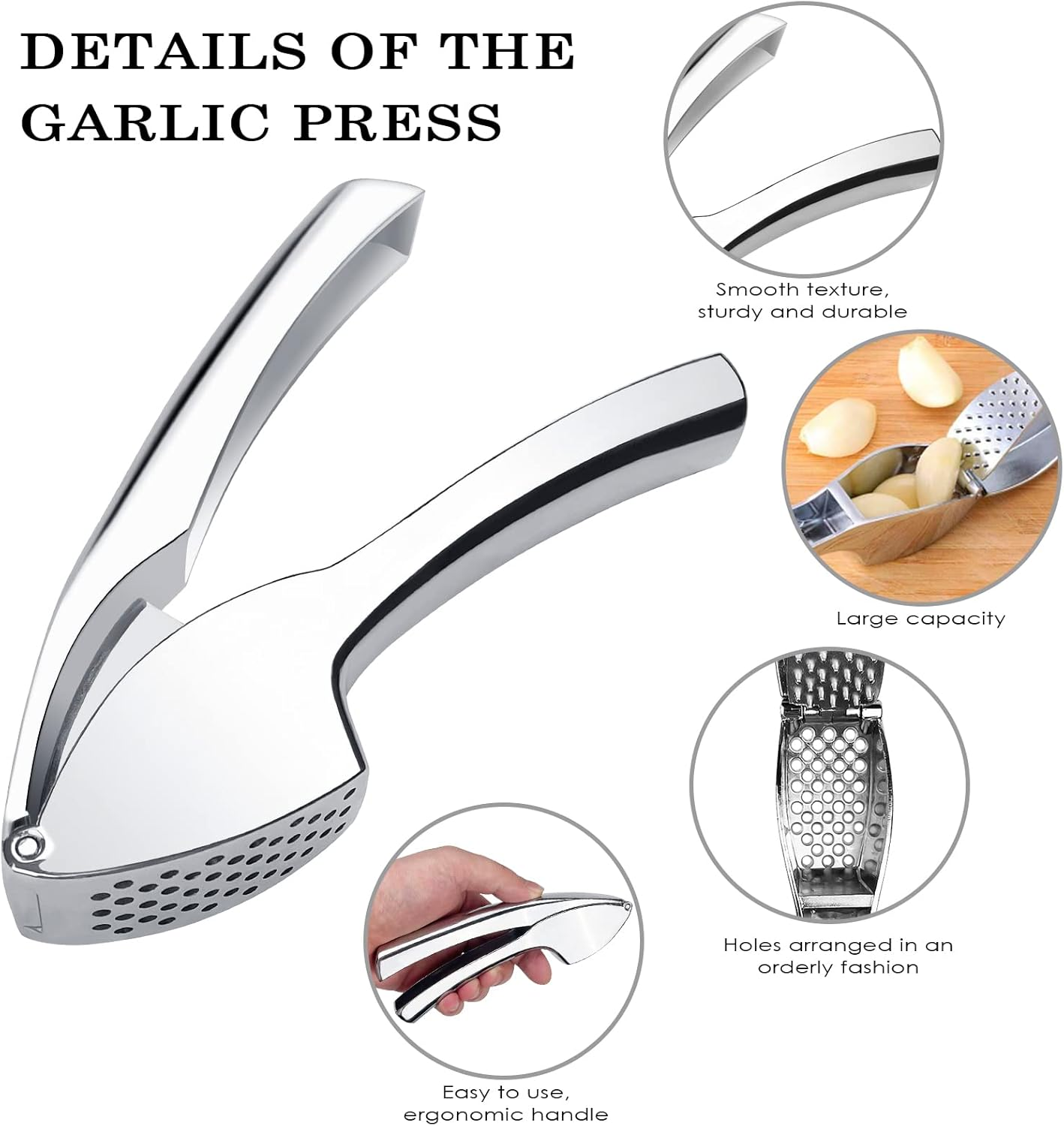 Eine silberne Knoblauchpresse mit Textdetails und Nahaufnahmen. Sie hebt ergonomischen Griff, glatte Textur und ordentliche Löcher hervor.