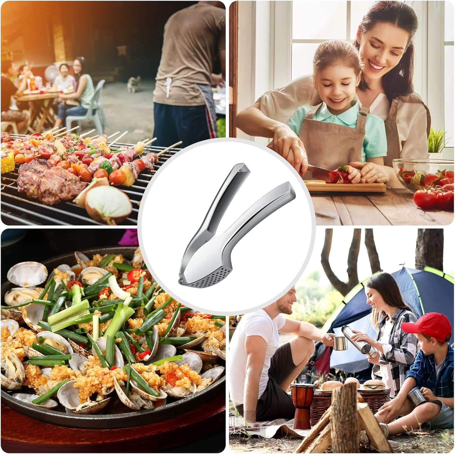 Das Bild zeigt verschiedene Szenen: Grillen, Kochen mit einem Kind, Meeresfrüchte und Camping. Jede Szene beinhaltet Menschen und Essen.