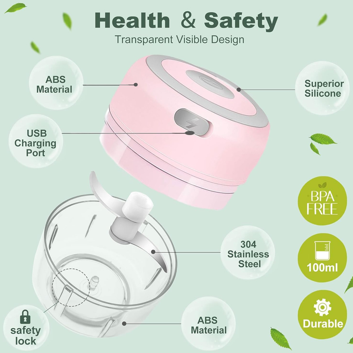 Rosa-grauer Küchenmixer mit transparentem Behälter, Edelstahlklingen und Etiketten für Funktionen und Materialien.