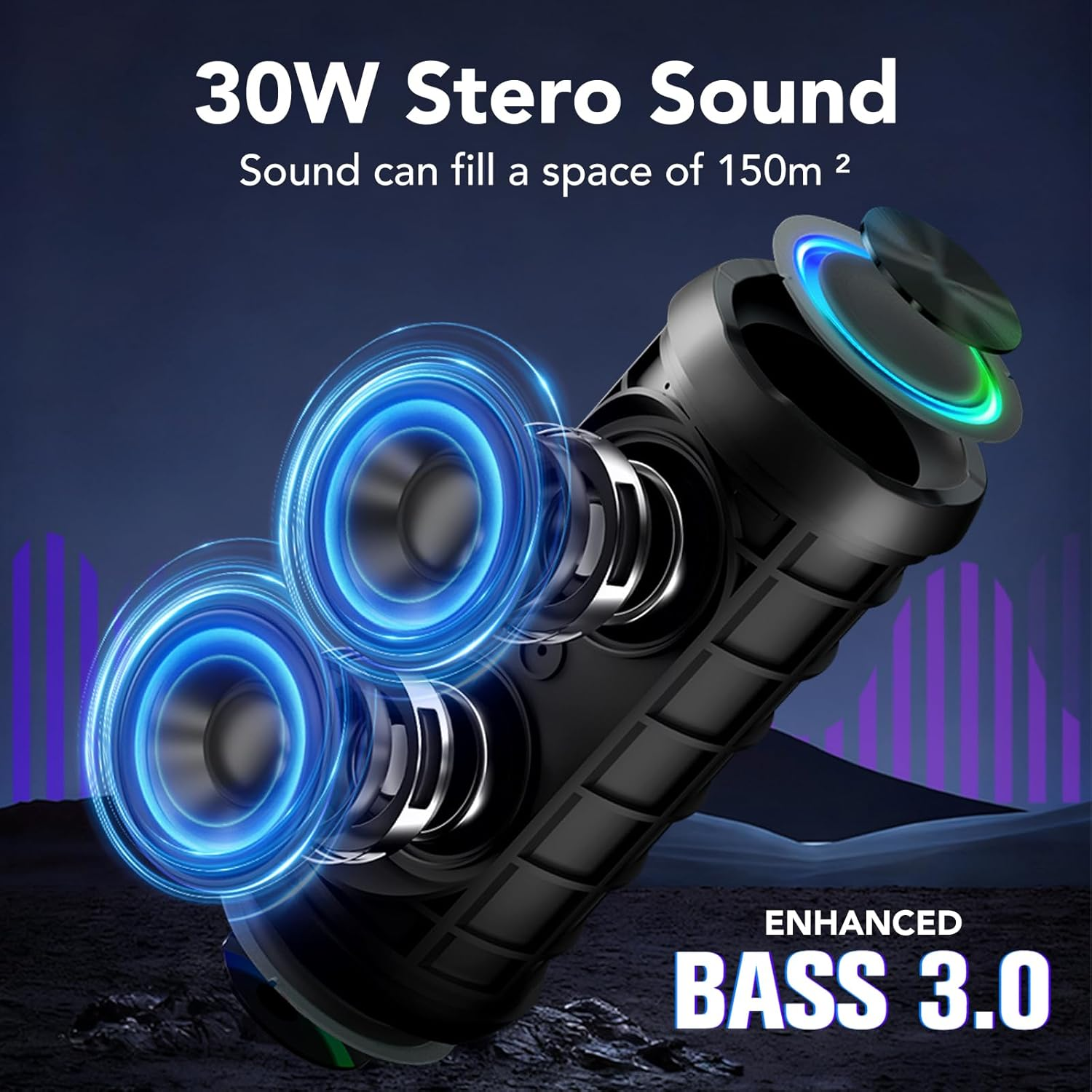 Czarny głośnik z niebieskimi świecącymi falami dźwiękowymi. Tekst mówi '30W Stereo Sound' i 'Enhanced Bass 3.0'.