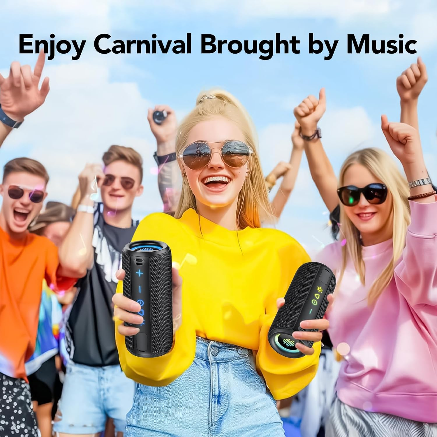 Grupa ludzi uśmiecha się i podnosi ręce. Kobieta trzyma dwa czarne głośniki. Tekst mówi 'Enjoy Carnival Brought by Music'.