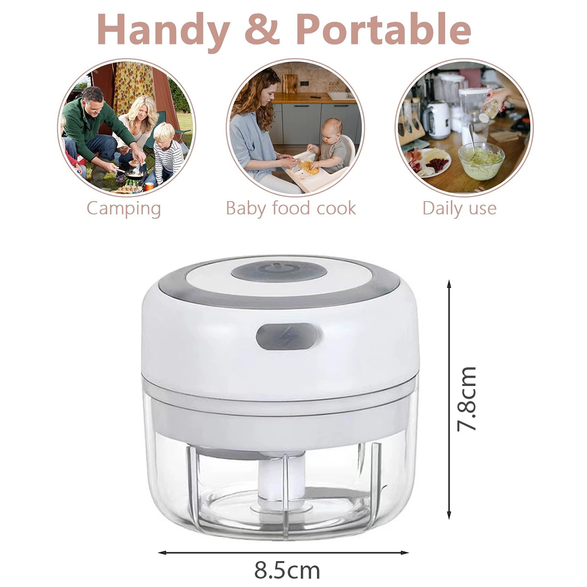 Weißer und grauer Foodprocessor. Oben ist ein Knopf. Oben sind Camping-, Babykostkoch- und Alltagsszenen.