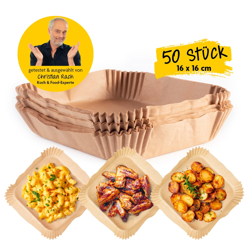 Das Bild zeigt einen Stapel Papierbackbecher, mit Essen gefüllte Becher und ein Bild eines Kochs. Text: '50 Stück, 16x16 cm'.