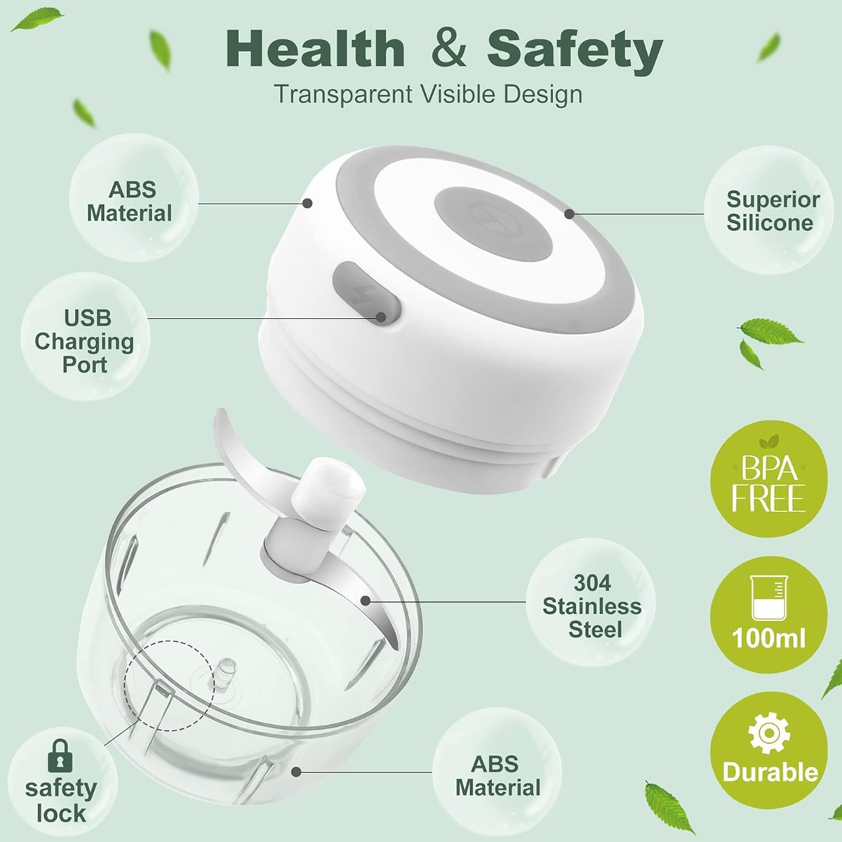 Ein weißer und grauer Küchenmixer mit Etiketten, die Funktionen wie ABS-Material, Edelstahl und BPA-frei angeben.