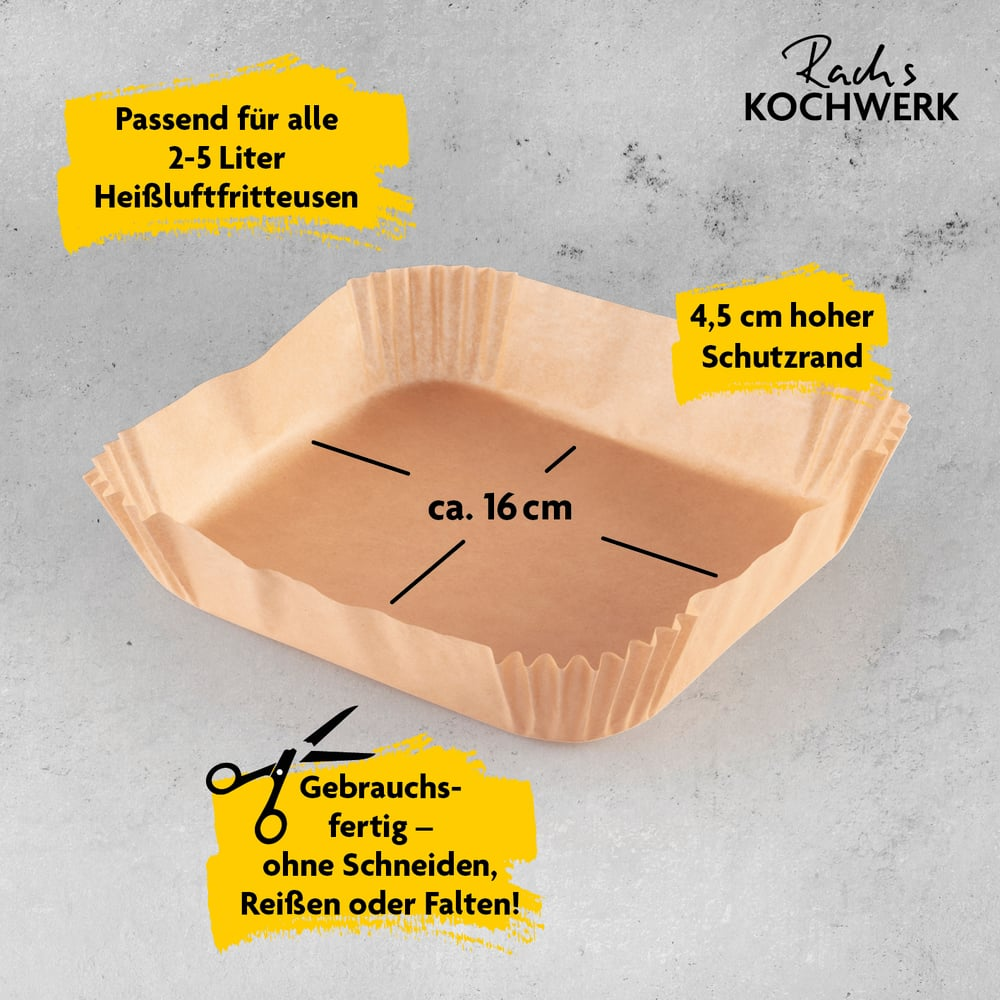 Gezeigt wird ein brauner Papier-Heißluftfritteuseneinsatz. Textkennzeichnungen weisen auf Abmessungen und Eigenschaften hin.