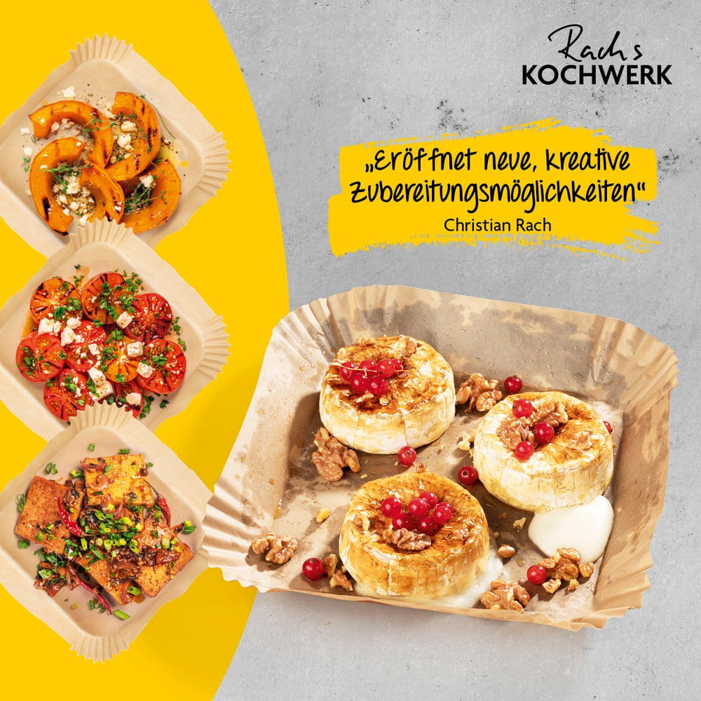 Verschiedene Gerichte auf quadratischen Tellern: gerösteter Kürbis, Tomaten mit Feta, Tofu. Brie mit Walnüssen und roten Johannisbeeren.