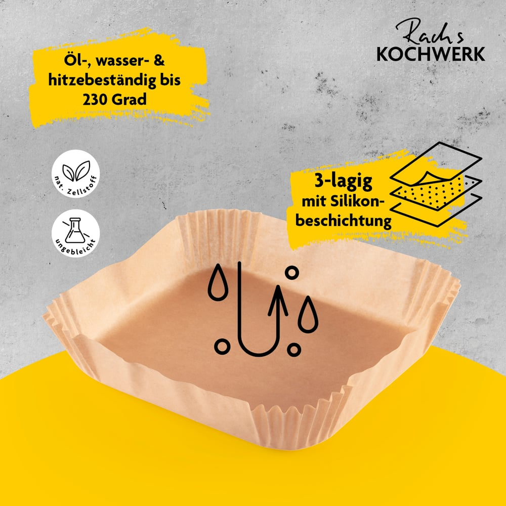 Quadratisches Backpapier mit plissierten Seiten. Es hat Textetiketten, die Öl- und Hitzebeständigkeit sowie Dreischicht-Silikonbeschichtung angeben.