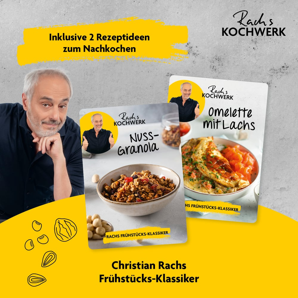 Mann mit Kochbuchcovern: 'Nuss-Granola' und 'Omelette mit Lachs'. Gelber Text und Logos. Zutaten und Frühstücksthema.