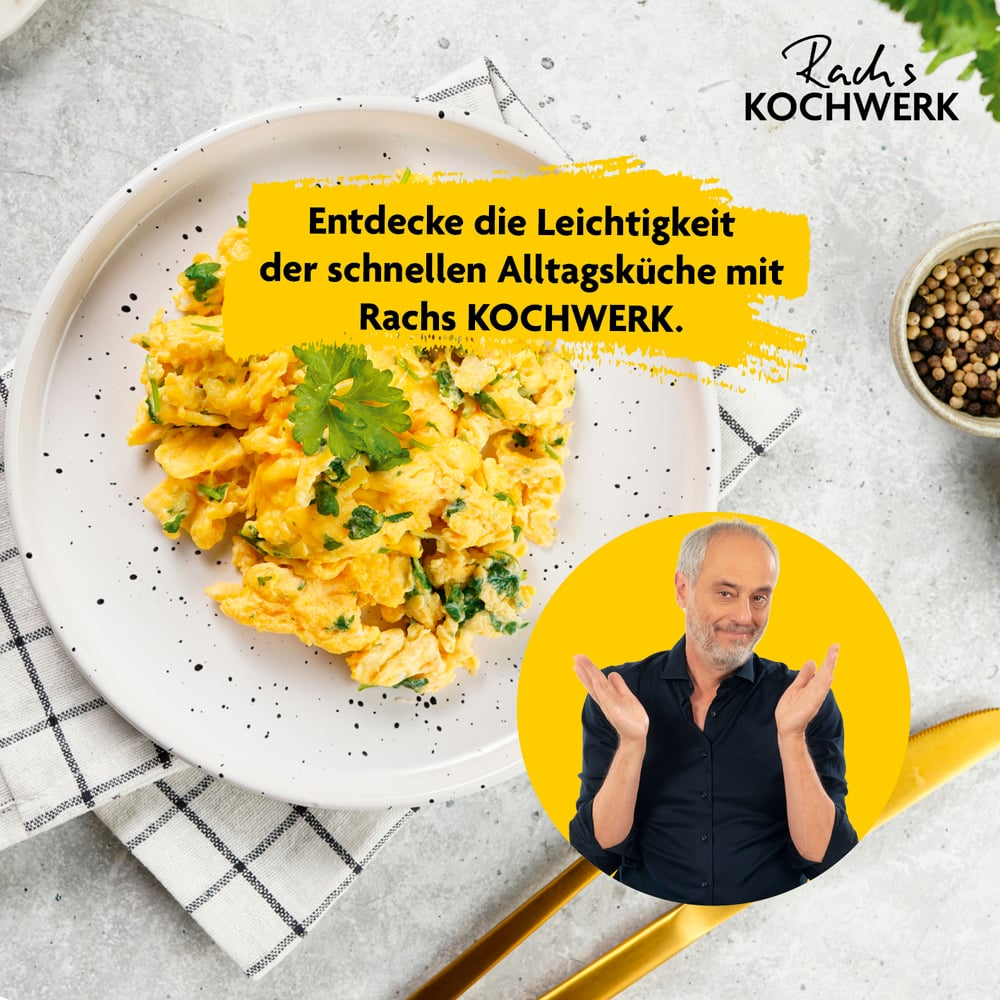 Rührei auf einem Teller mit Petersilie. Ein Mann in einem gelben Kreis gestikuliert. Text: Entdecke die Leichtigkeit der schnellen Alltagsküche.