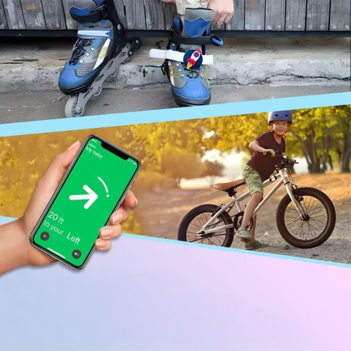 Afbeelding toont rolschaatsen, een telefoon met navigatie en een jongen op een fiets. De telefoon geeft richting en afstand naar links aan.