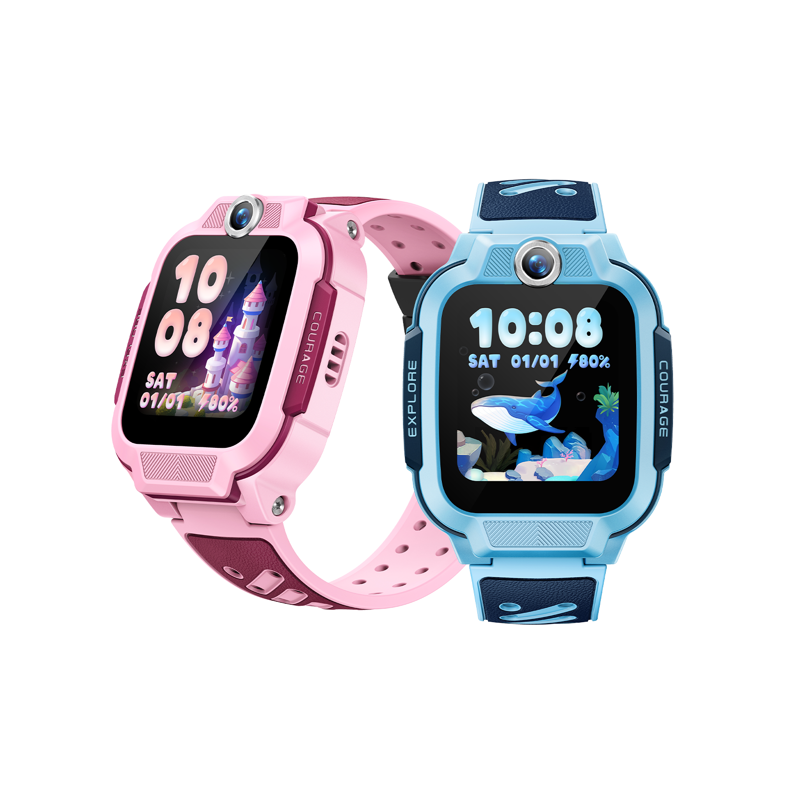 Zwei Smartwatches, rosa und blau. Displays zeigen Uhrzeit und Bilder. Rosa Uhr hat ein Schloss. Blaue Uhr hat einen Wal.