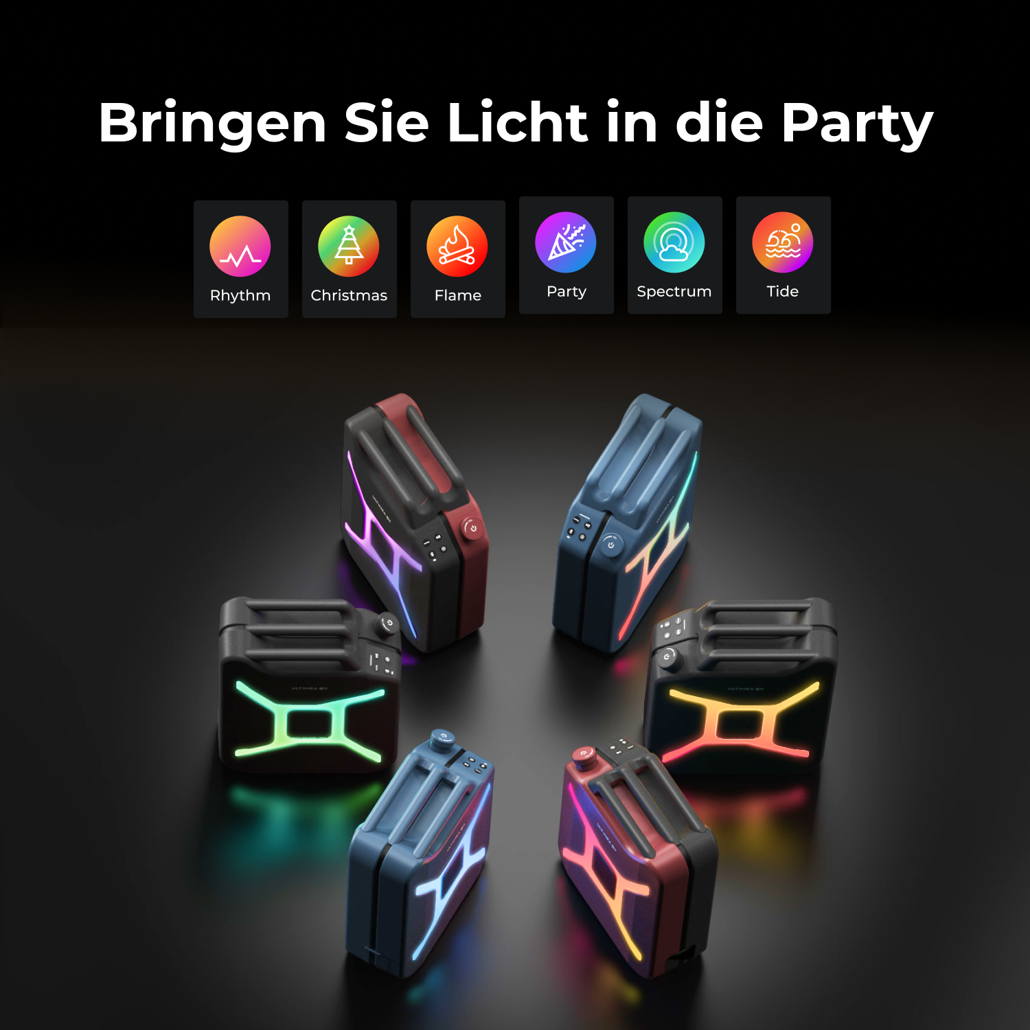 Das Bild zeigt sechs farbenfrohe Lautsprecherlichter, die angeordnet sind. Der Text lautet 'Bring Light to the Party' mit Symbolen für Rhythmus, Weihnachten und andere.