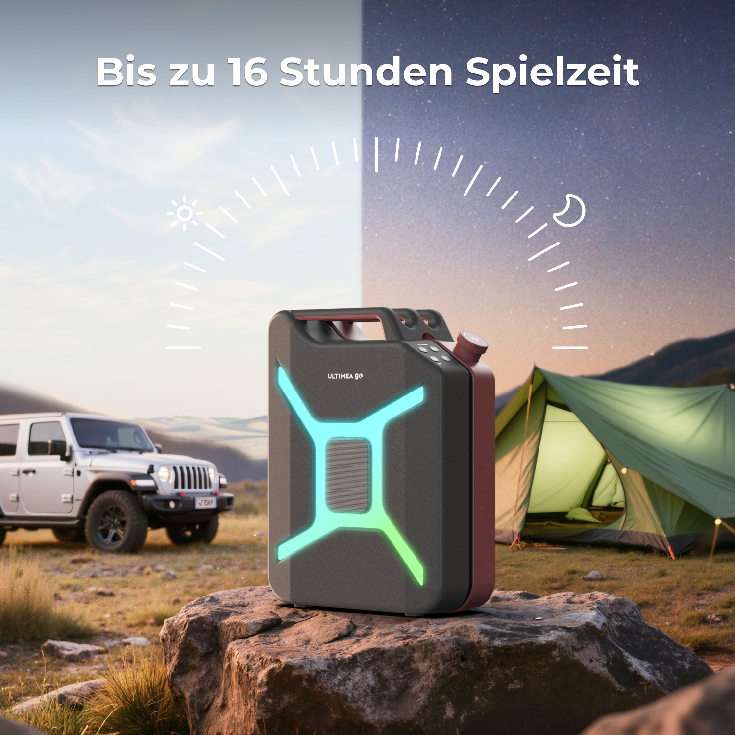 Ein Lautsprecher mit leuchtendem Design in einer Tag-/Nacht-Szene mit Auto und Zelt. Text oben: 'Bis zu 16 Stunden Spielzeit'.