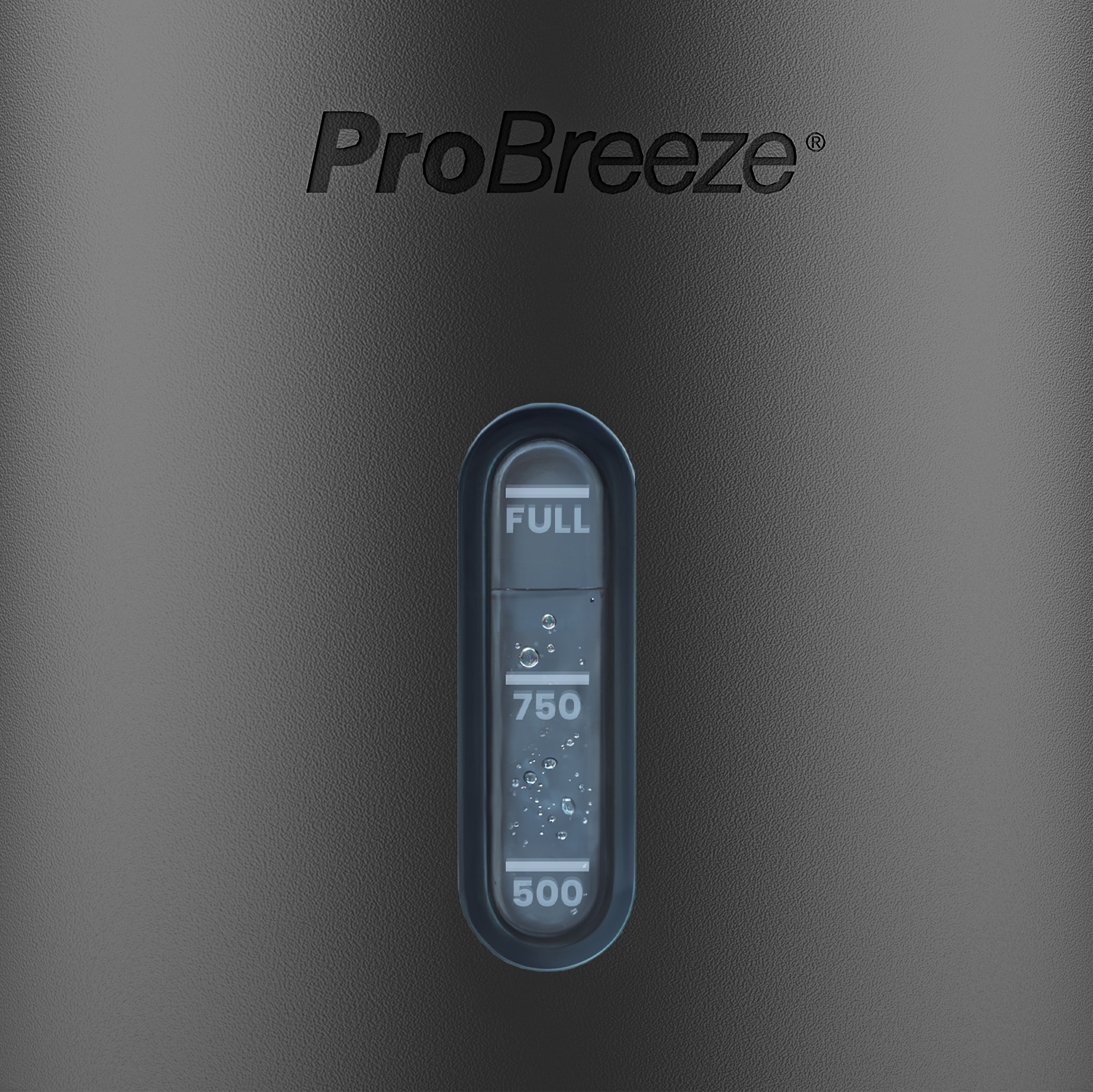 Nahaufnahme eines schwarzen Geräts mit 'ProBreeze' und einer Wasserstandsanzeige mit 'FULL', '750' und '500'.