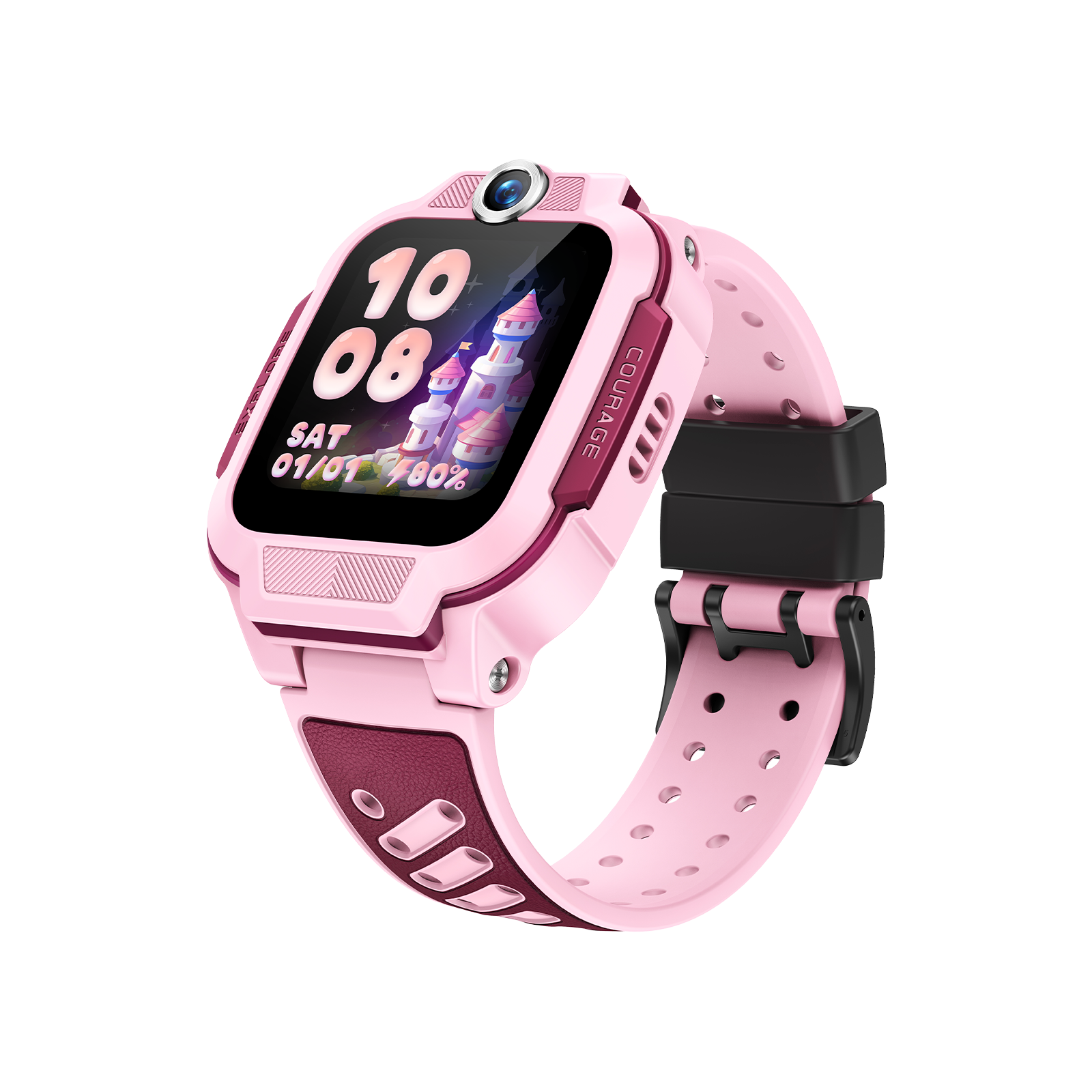 Rosa Smartwatch mit Schloss-Display, zeigt Zeit und Datum. Rosa Armband mit schwarzem Verschluss. Text Courage.