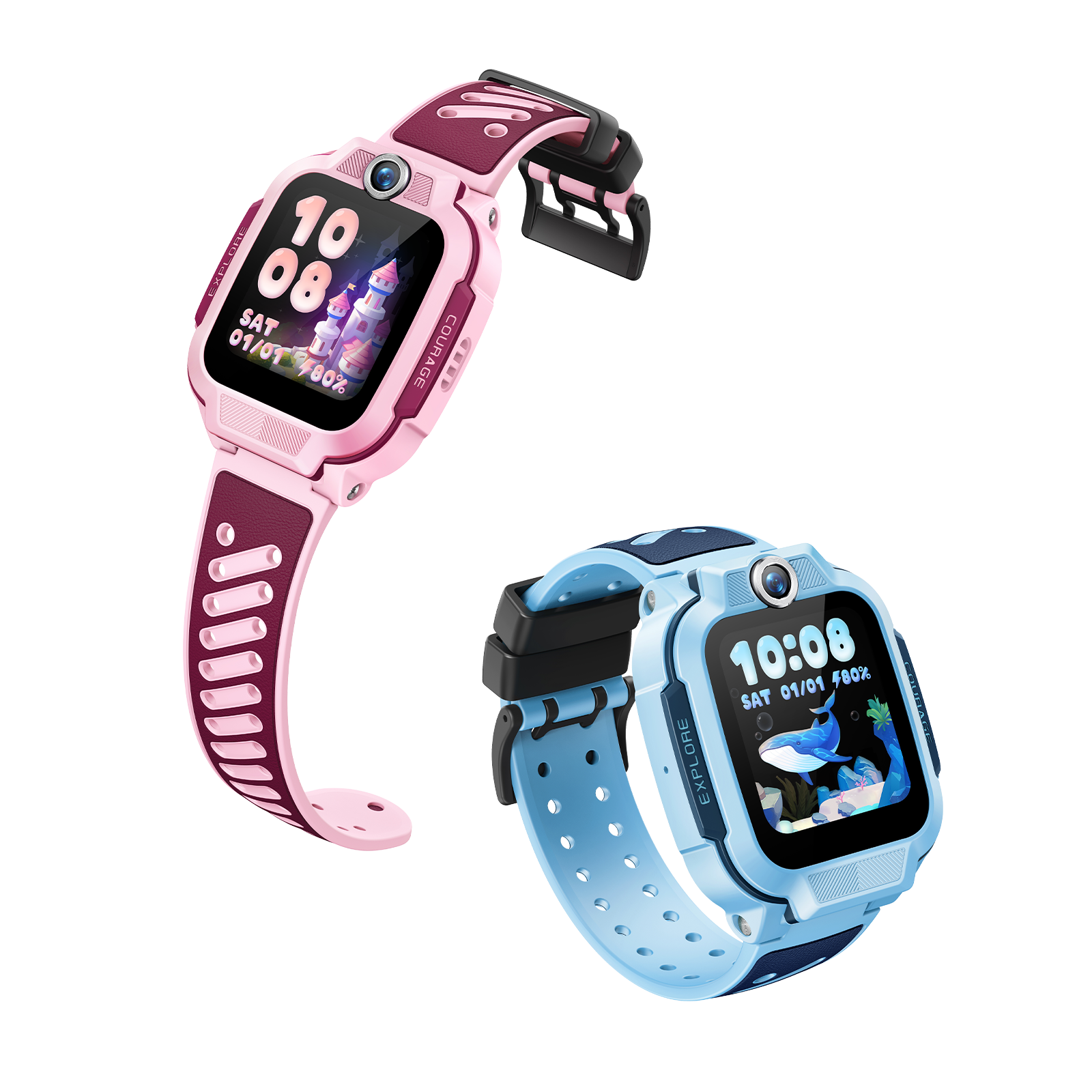 Zwei Smartwatches: rosa mit Schlossanzeige und blau mit Walanzeige. Beide zeigen Zeit und Datum an.