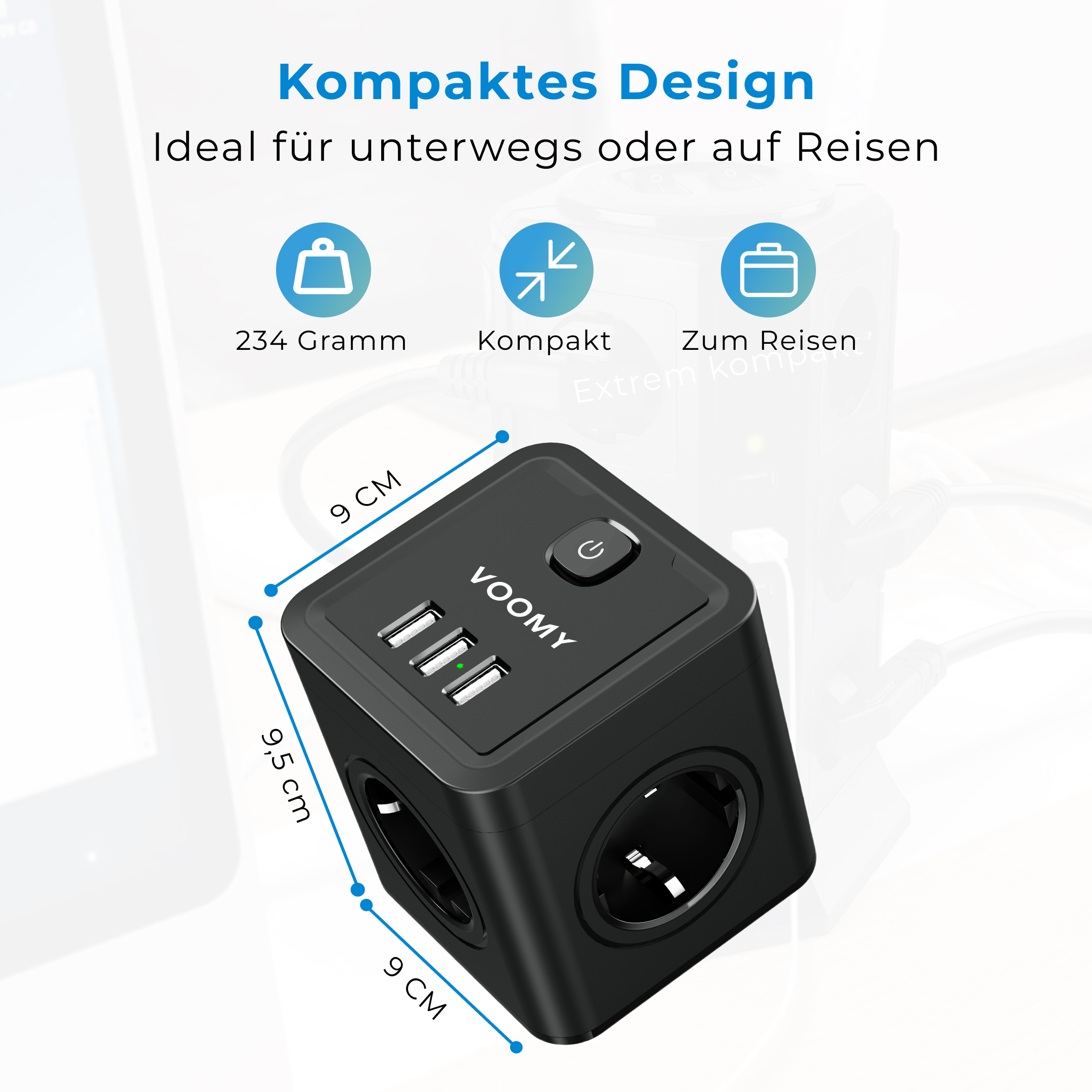 Schwarzer Power-Cube mit USB-Anschlüssen, Steckdosen und einem Power-Knopf. Das Produkt ist mit VOOMY beschriftet.