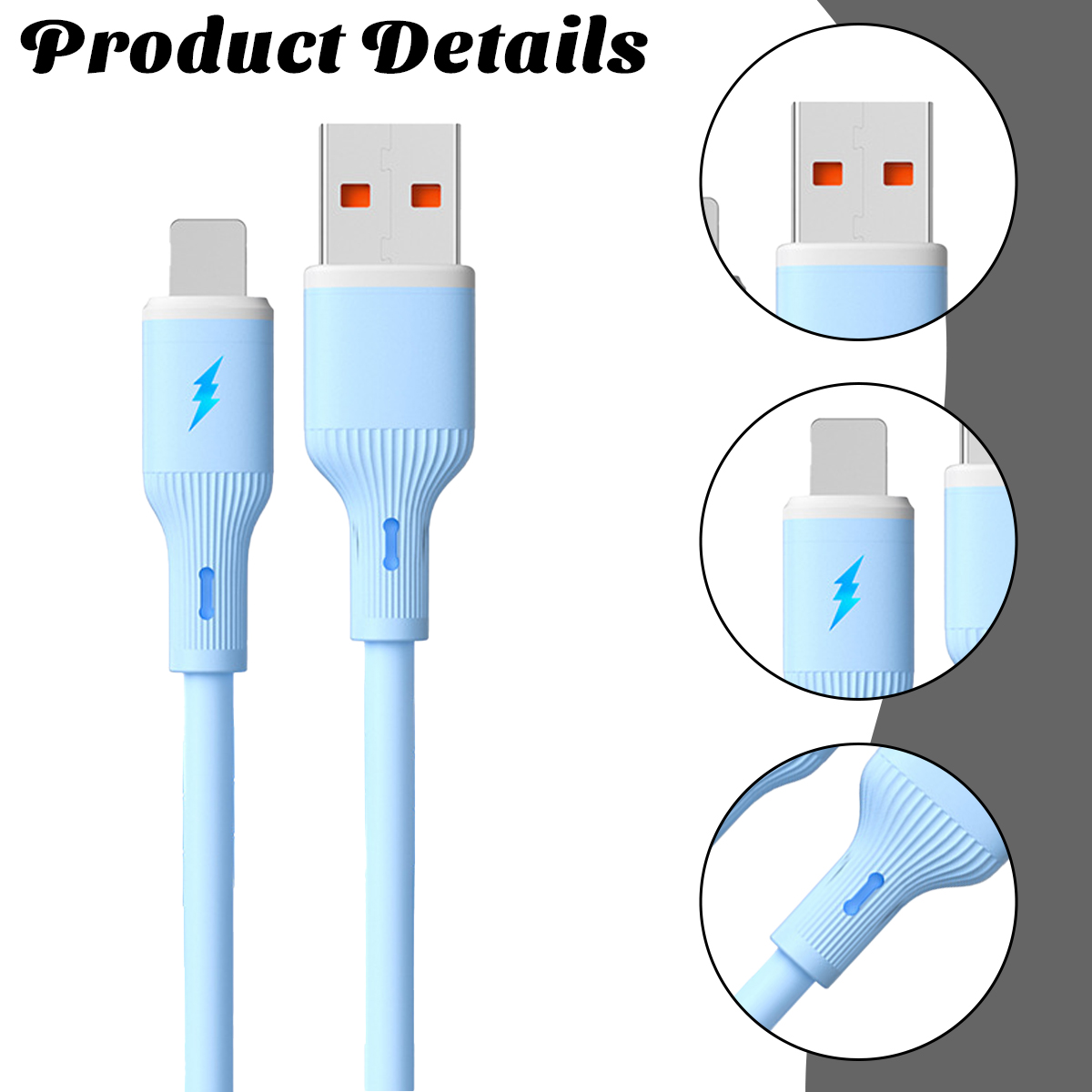 Das Bild zeigt zwei hellblaue Ladekabel mit USB- und Lightning-Anschlüssen. Die Kabel haben ein Blitzsymbol.