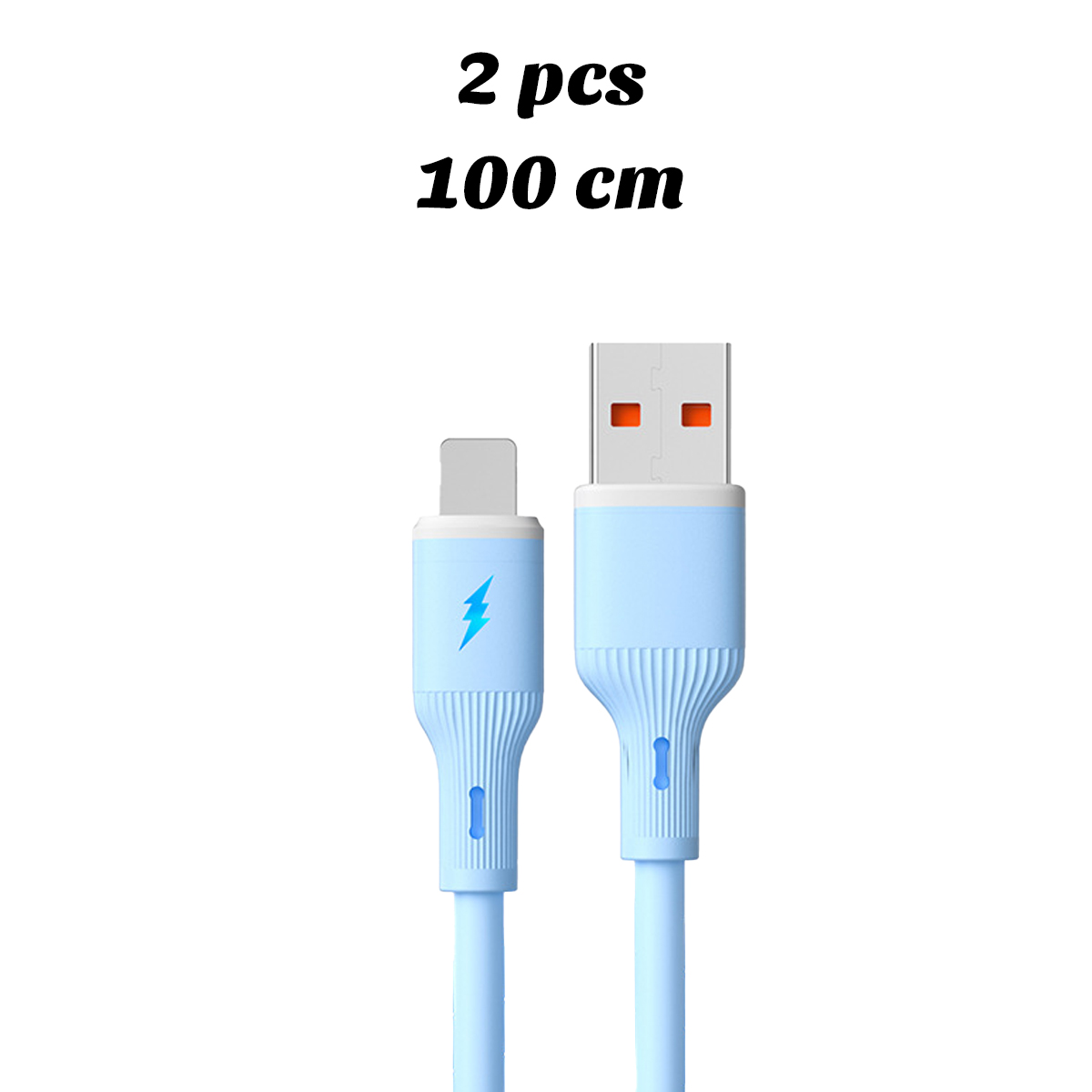 Zwei blaue Ladekabel mit weißen Steckern vor weißem Hintergrund. Text zeigt '2 Stück 100 cm'.