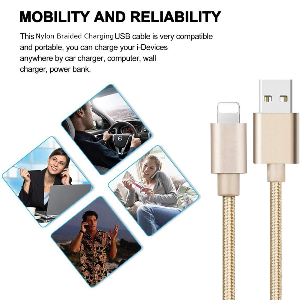 Goldenes USB-Ladekabel mit geflochtenem Kabel. Bilder zeigen Personen, die Telefone benutzen und ein Auto. Text: Mobilität und Zuverlässigkeit.