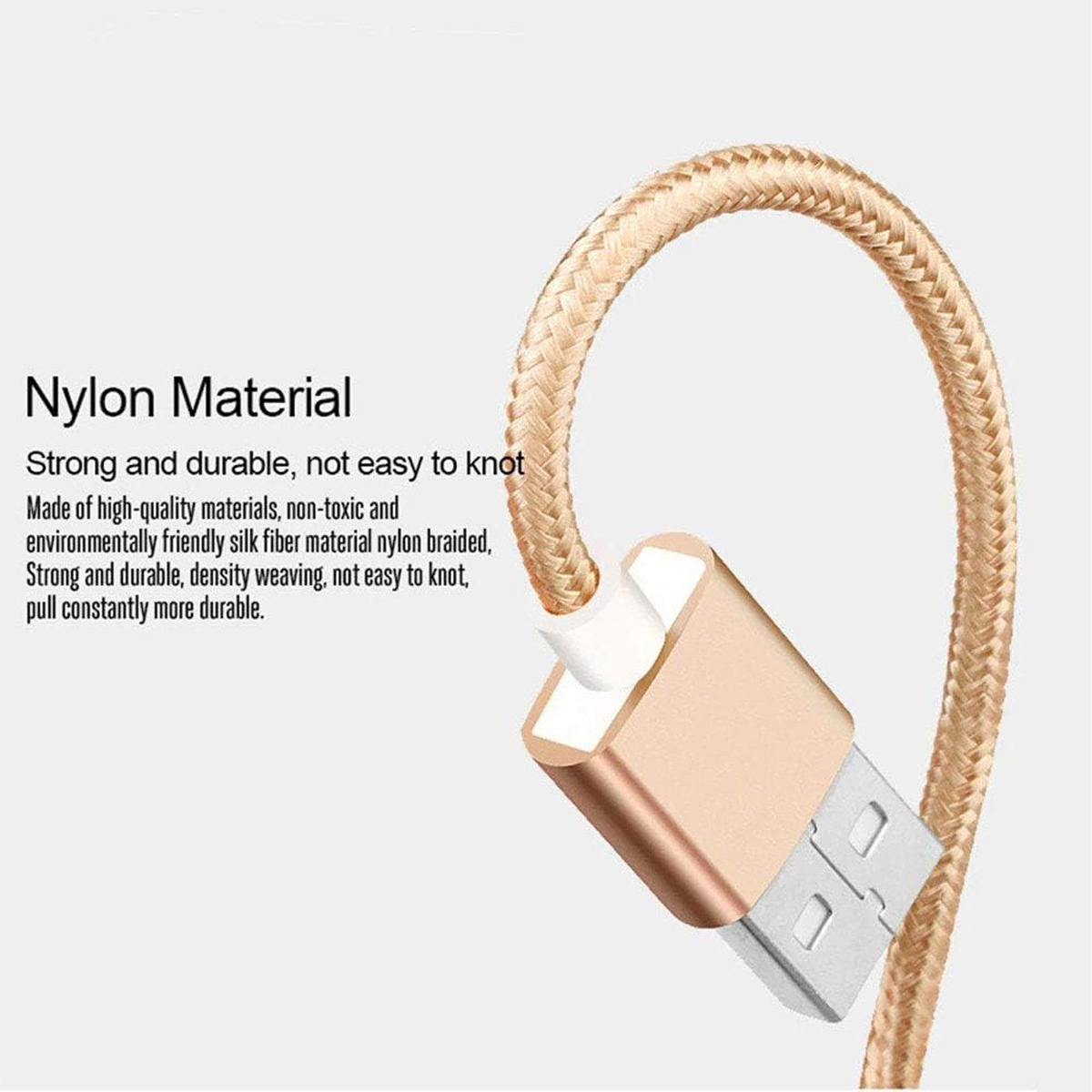 Nahaufnahme eines goldenen USB-Kabels mit geflochtener Nylonschnur. Das Kabel wölbt sich nach unten, links Text: Nylon-Material.