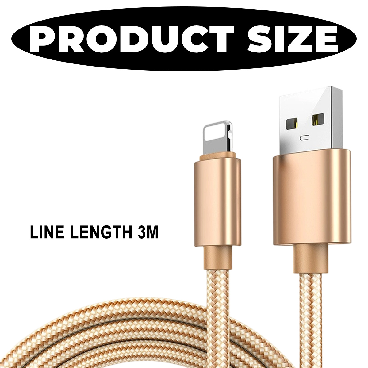 Goldenes USB- und Lightning-Kabel mit geflochtenem Kabel. Text: 'PRODUCT SIZE' und 'LINE LENGTH 3M'.