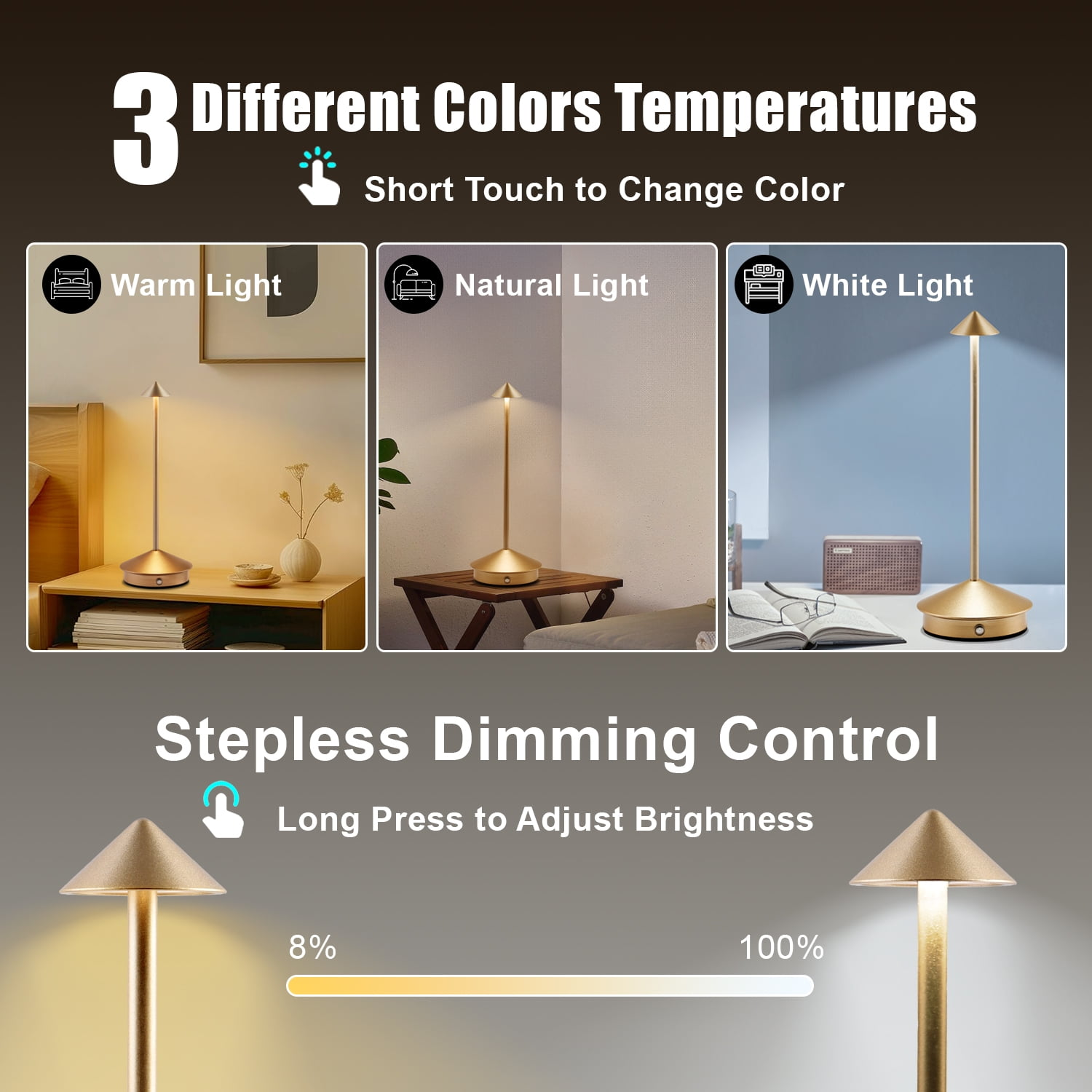 Das Bild zeigt eine Lampe mit drei Lichteinstellungen: warm, natürlich und weiß. Es zeigt auch die Helligkeitsanpassung von 8 % bis 100 %.