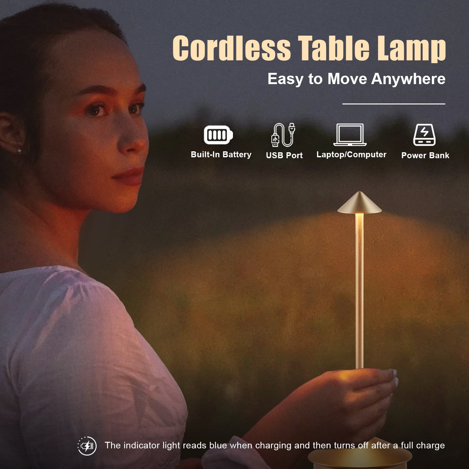 Eine Frau hält eine goldene schnurlose Tischlampe. Text zeigt Merkmale: eingebauter Akku, USB-Anschluss, Laptop, Powerbank.