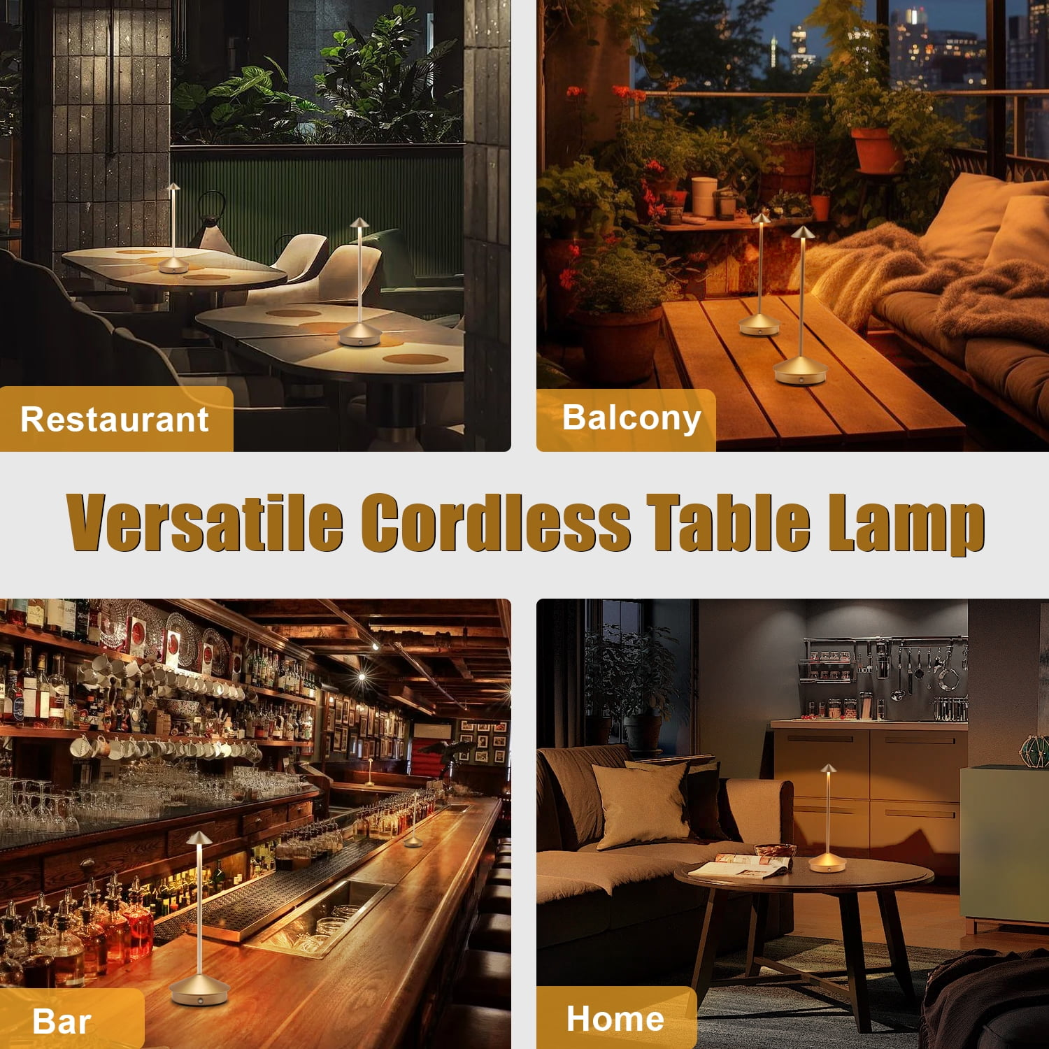 Vielseitige kabellose Tischlampe in Restaurant, Balkon, Bar und Zuhause. Jede Szene zeigt die Lampe.