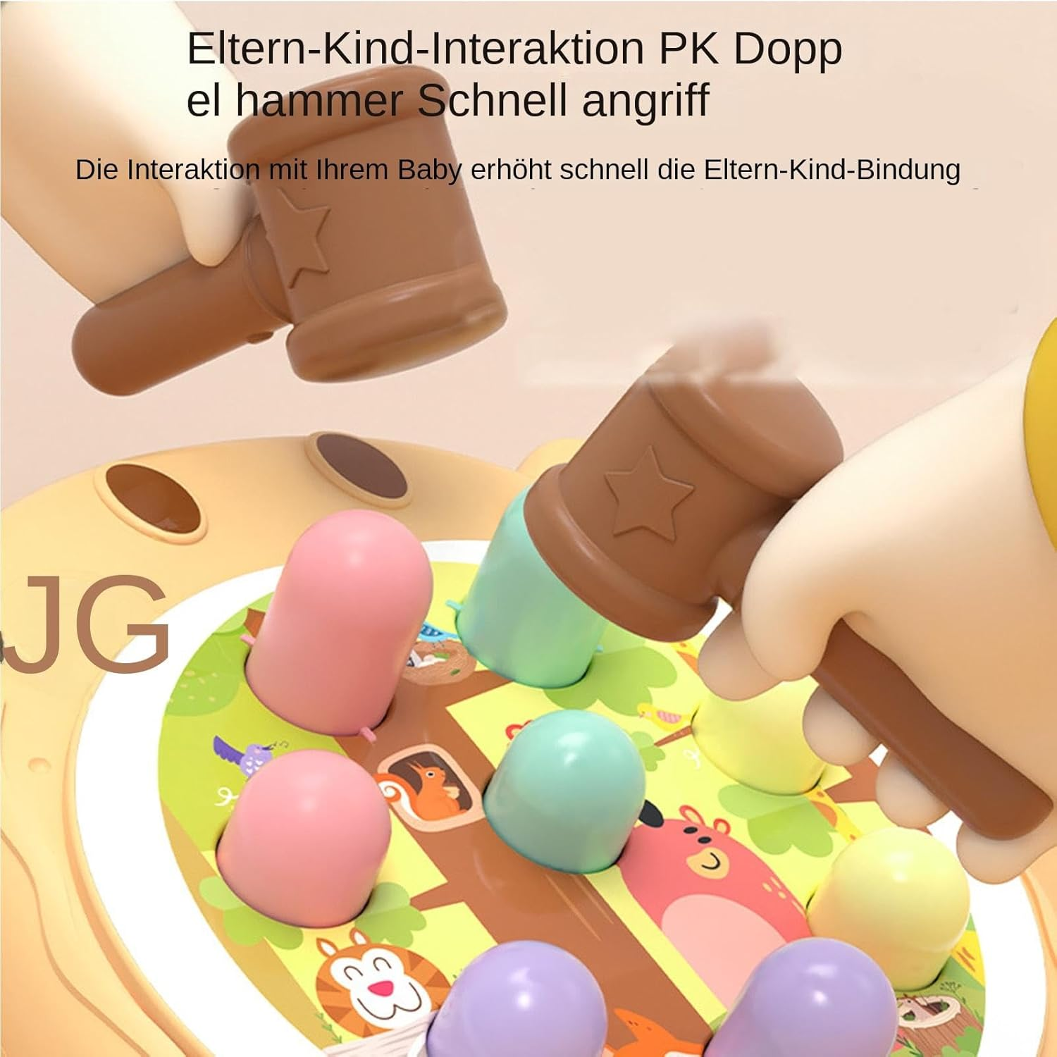 Ein Spielzeug-Hammer schlägt auf Stifte. Die Stifte sind verschiedenfarbig, und der Hintergrund ist eine spielerische, bunte Matte mit Zeichentricktieren.