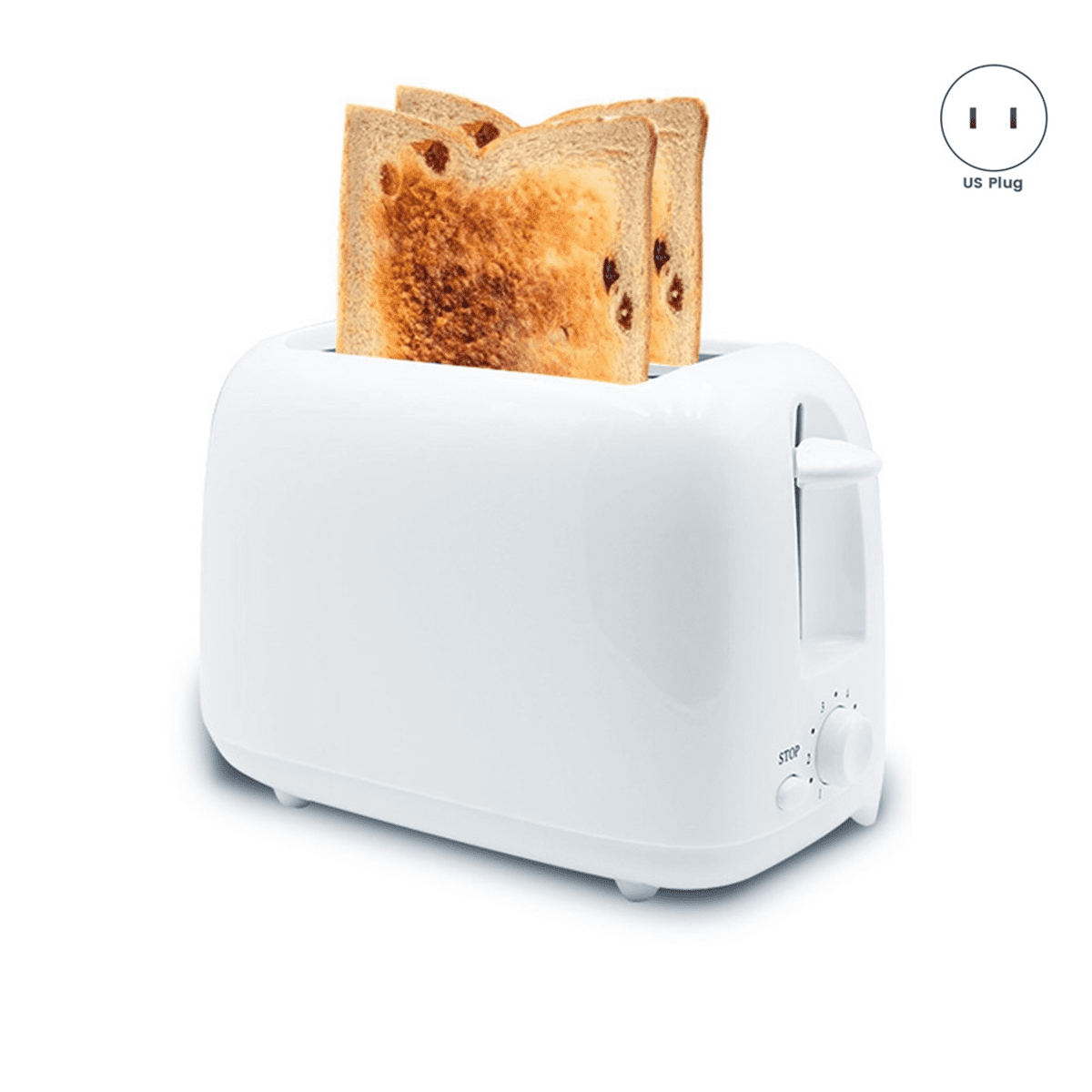 Ein weißer Toaster mit zwei Toastscheiben. Der Toaster hat einen Hebel und ein Drehrad. Ein US-Steckersymbol ist sichtbar.