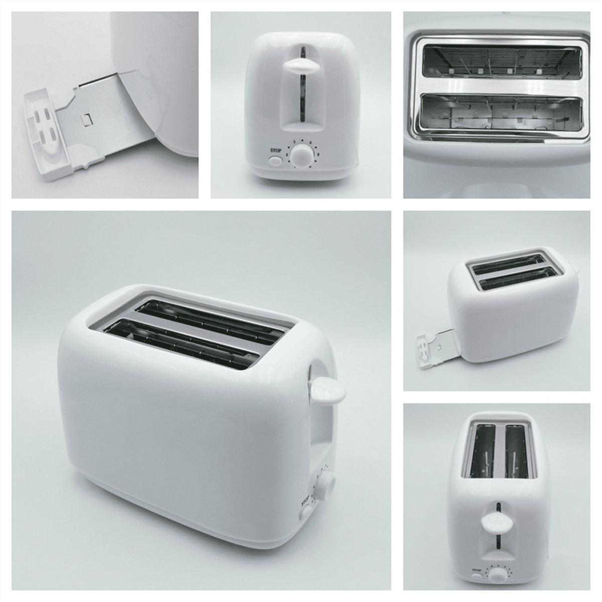 Weißer Toaster mit zwei Schlitzen, einem Bedienknopf und einem Hebel. Teile des Toasters sind abgebildet. Silbernes Metall im Inneren.