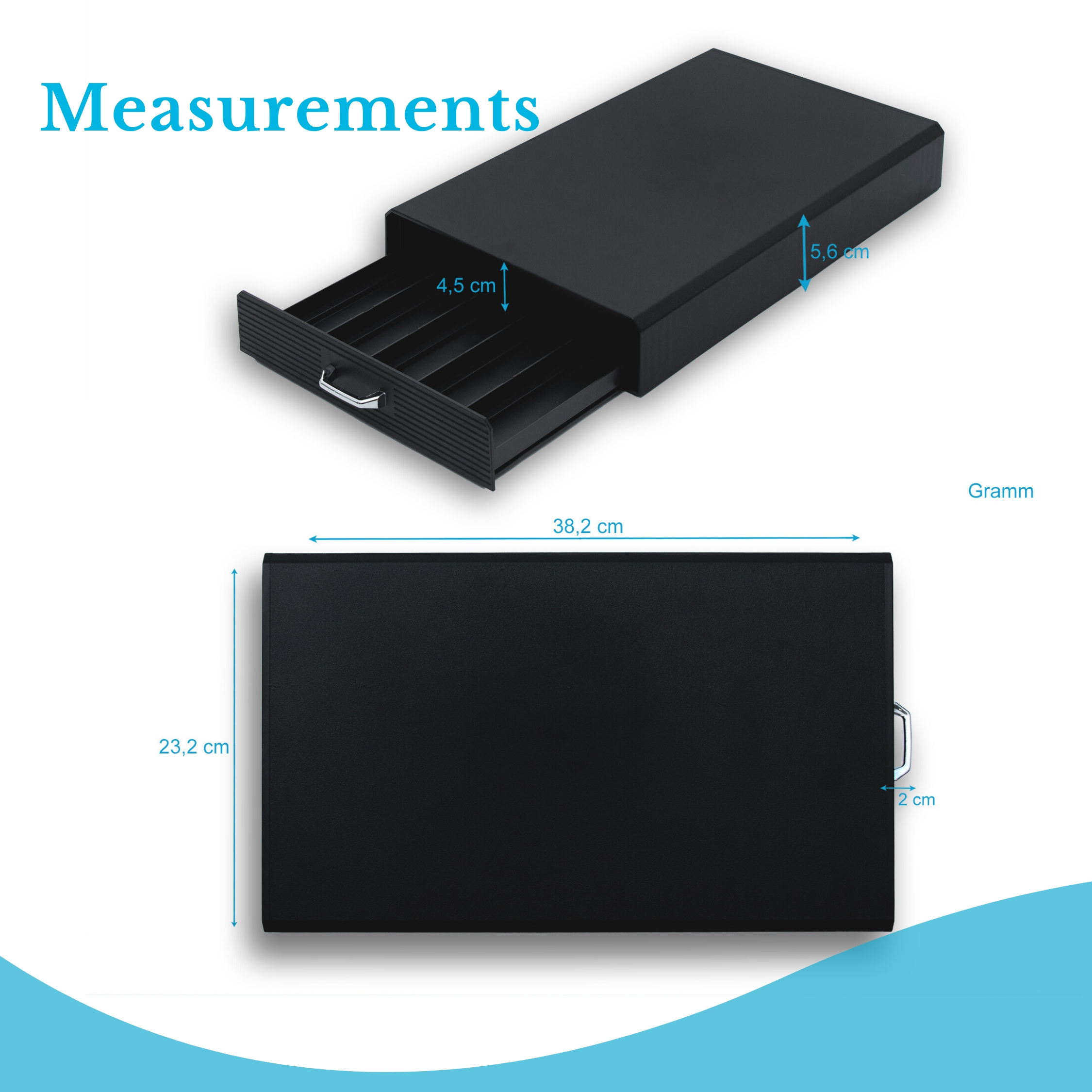 Schwarze Schublade mit Maßen, Messungen: 38,2 cm, 23,2 cm, 4,5 cm und 5,6 cm. Beschriftet mit 'Messungen'.