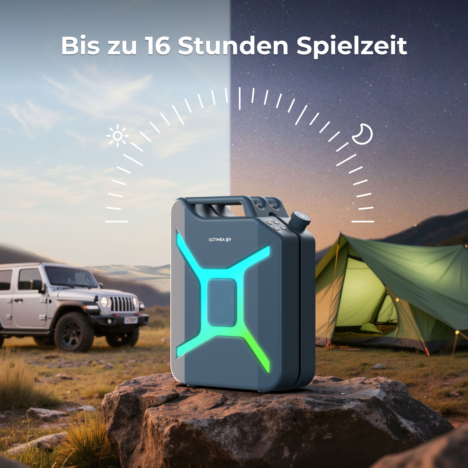 Ein Lautsprecher mit grünem und blauem Licht, ein Jeep und ein Zelt im Hintergrund, mit einer Tag- und Nachtaufteilung im Hintergrund.