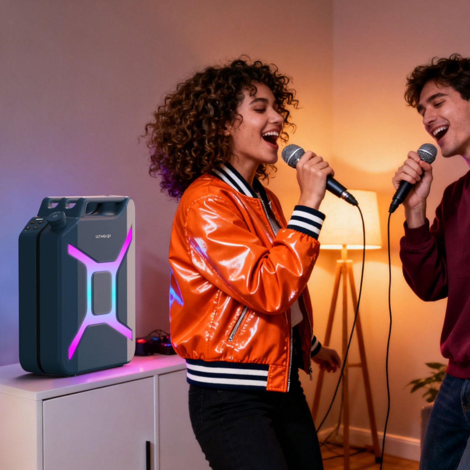 Zwei Personen singen in Mikrofone, im Hintergrund ein Lautsprecher. Einer trägt eine orange Jacke, der andere ein weinrotes Hemd.