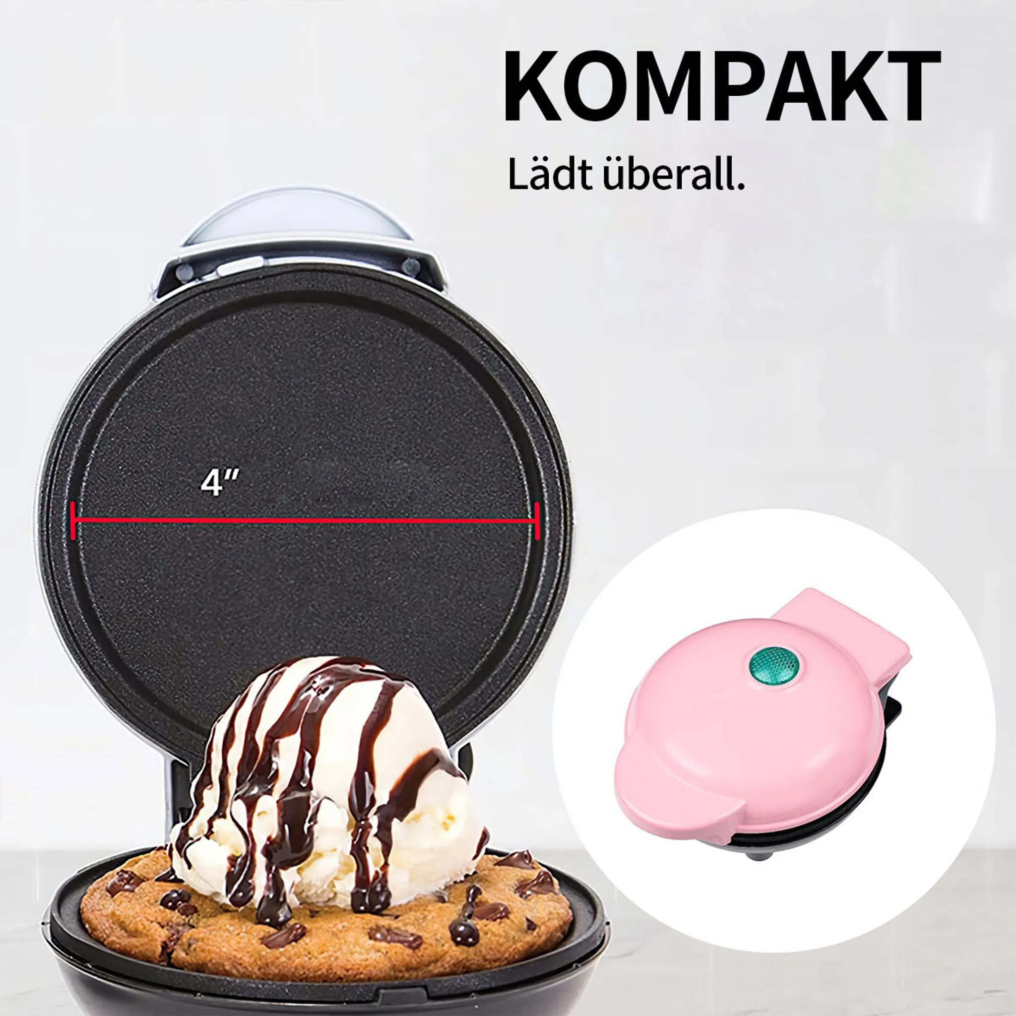 Ein Waffeleisen mit Eis und Schokoladensauce auf einem Keks. Rosa Waffeleisen rechts.
