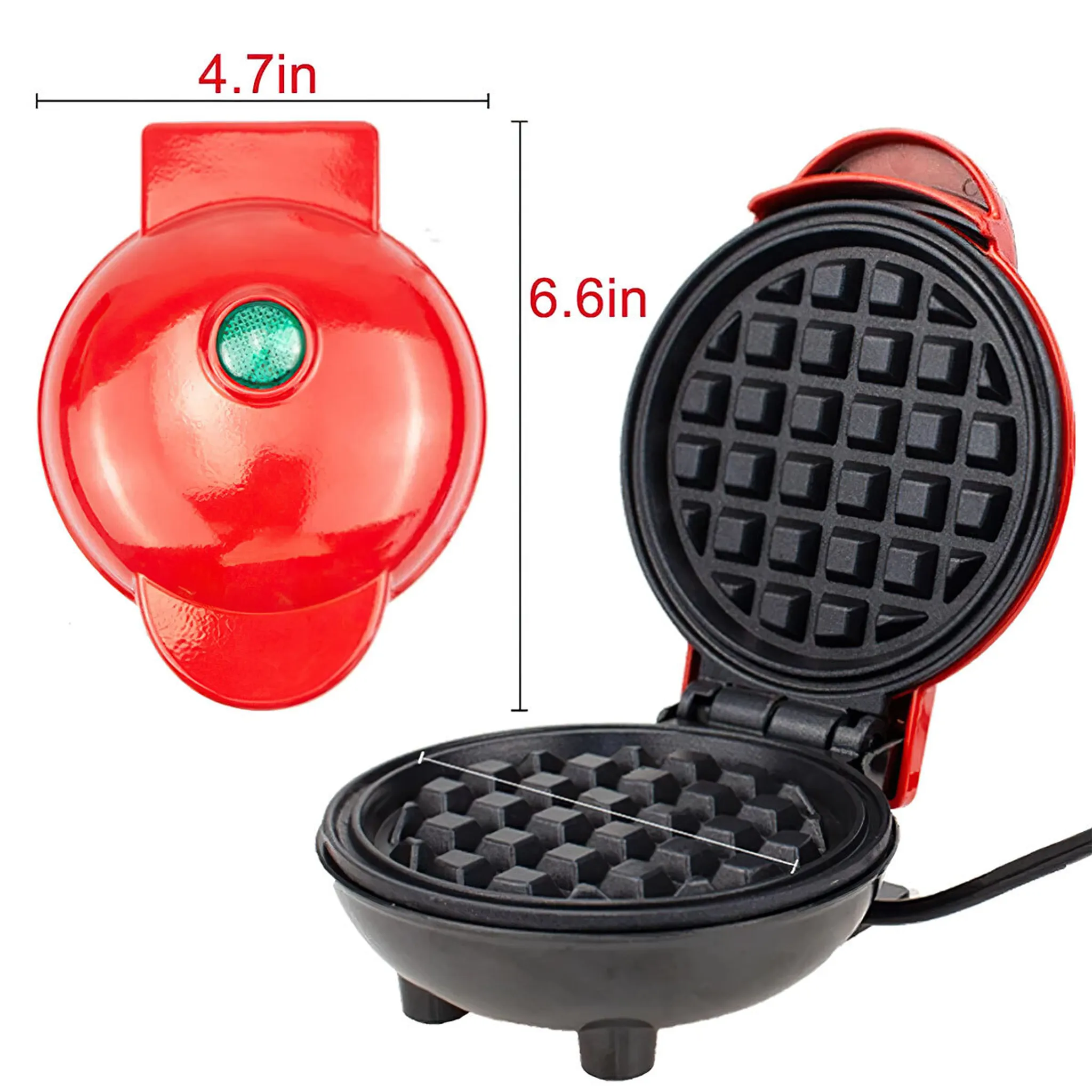 Ein roter Waffeleisen, geöffnet, zeigt die Kochfläche. Ein kleineres, geschlossenes Waffeleisen befindet sich links. Abmessungen werden angezeigt.