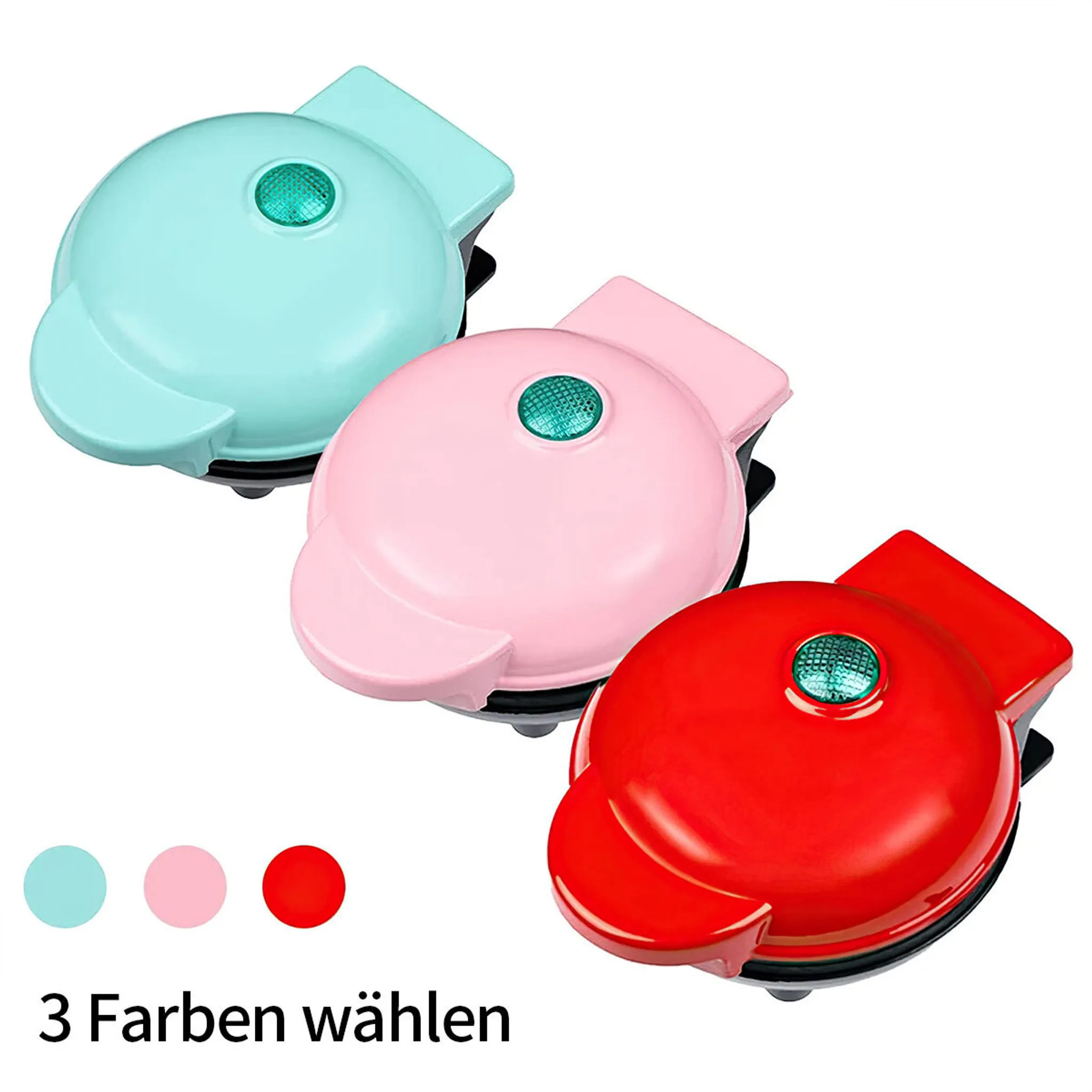 Drei Waffeleisen, türkis, rosa und rot, werden angezeigt. Jedes hat ein grünes Licht. Text unten sagt: 'Wähle 3 Farben'.